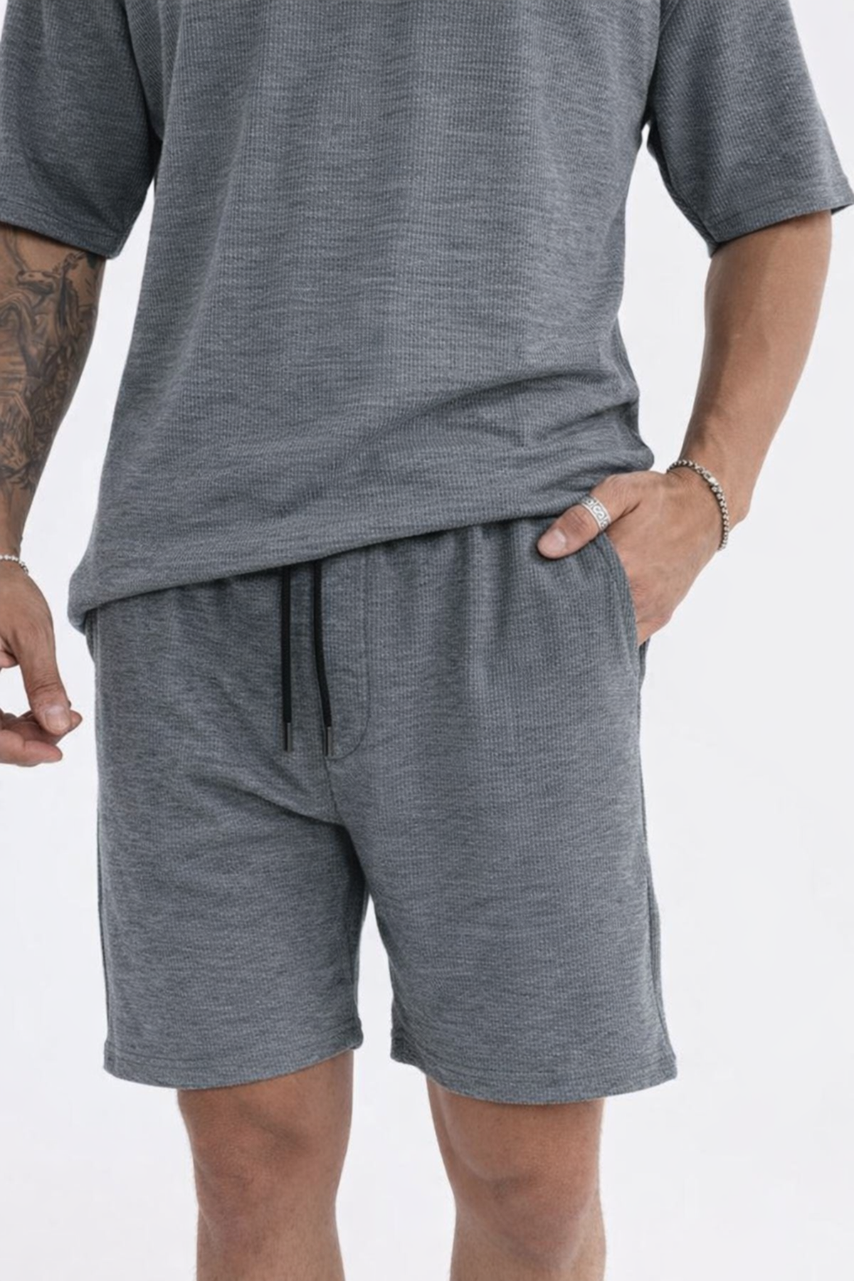 Erkek Polo Yaka Tişört Bol Şort Füme Yazlık İkili Takım