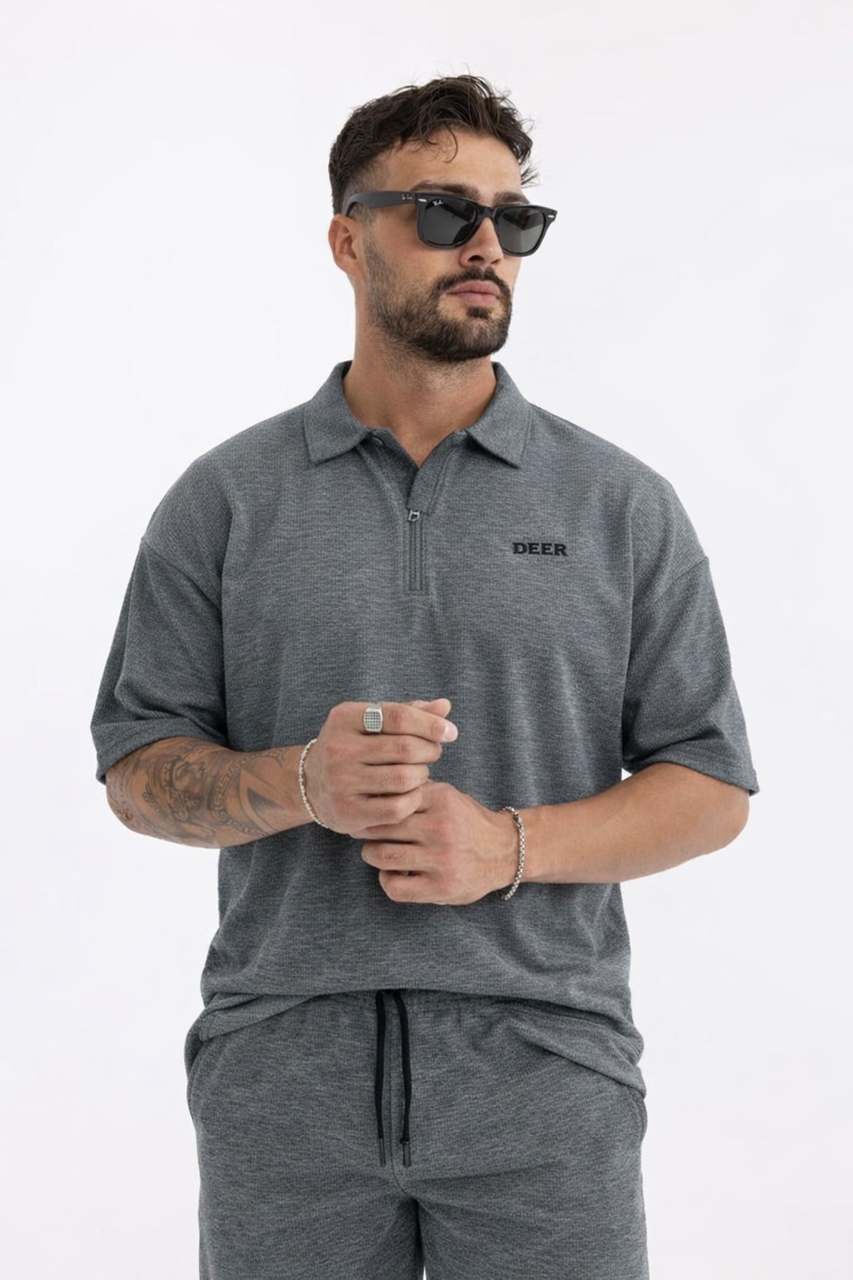 Erkek Polo Yaka Tişört Bol Şort Füme Yazlık İkili Takım