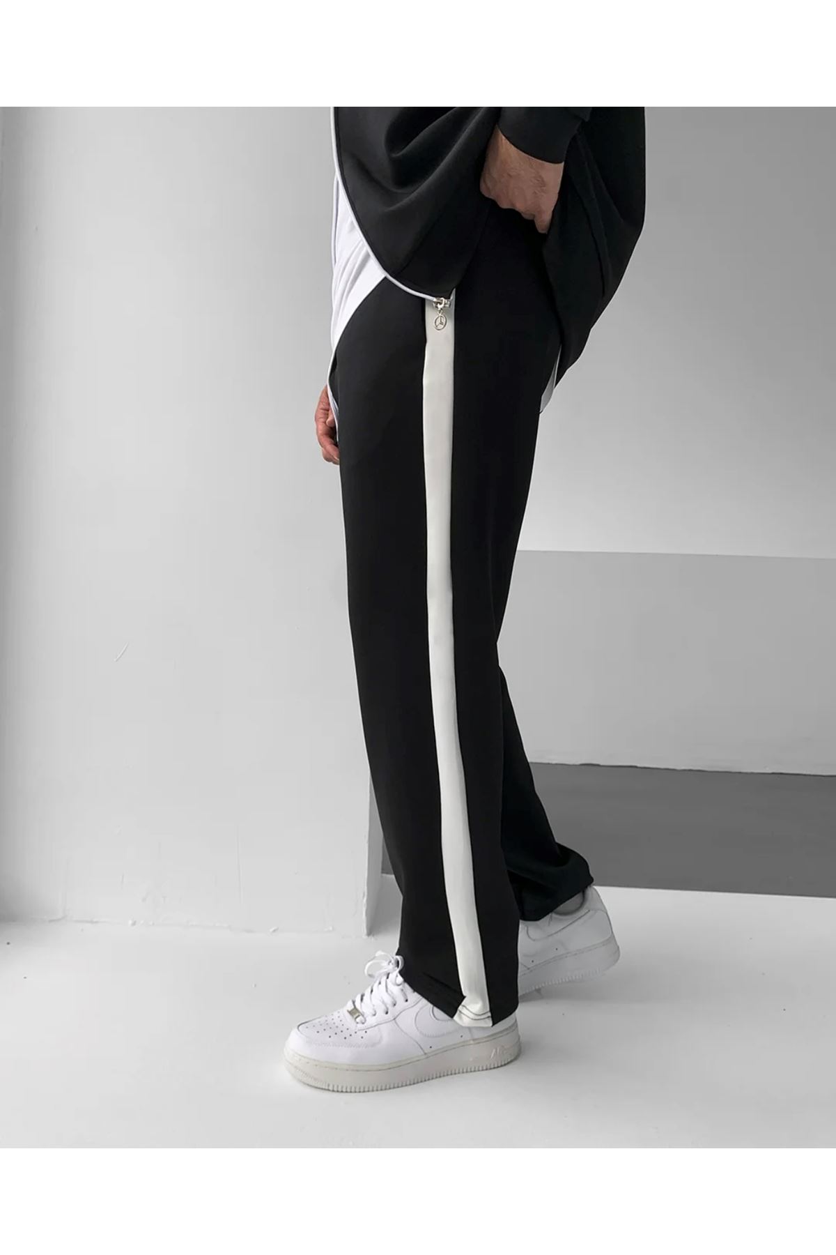 Erkek Çizgili Fermuarlı Sweatshirt Bol Eşofman Siyah İkili Takım