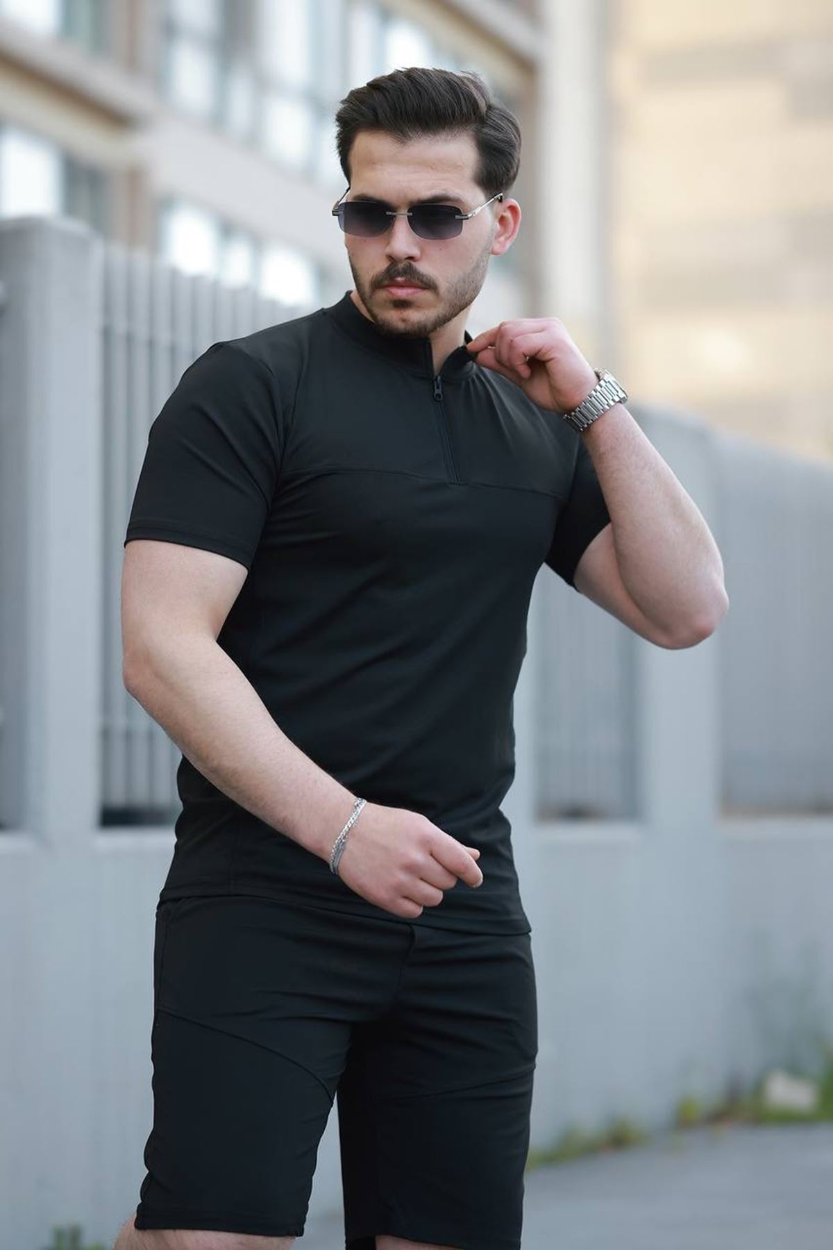 Erkek Fermuarlı Tişört Basic Şortlu Siyah Yazlık İkili Takım