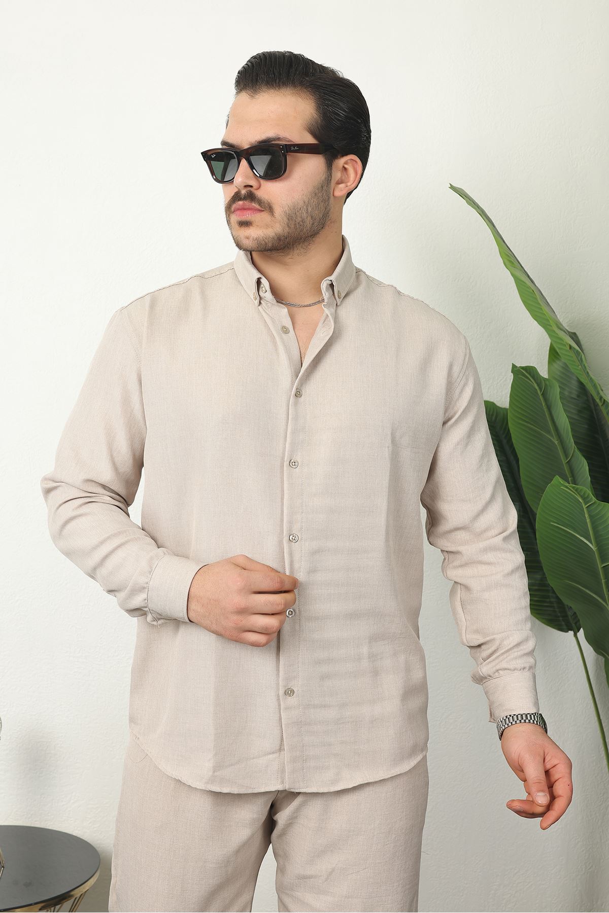 Erkek Trend Keten Gömlek Baggy Eşofman Krem İkili Takım