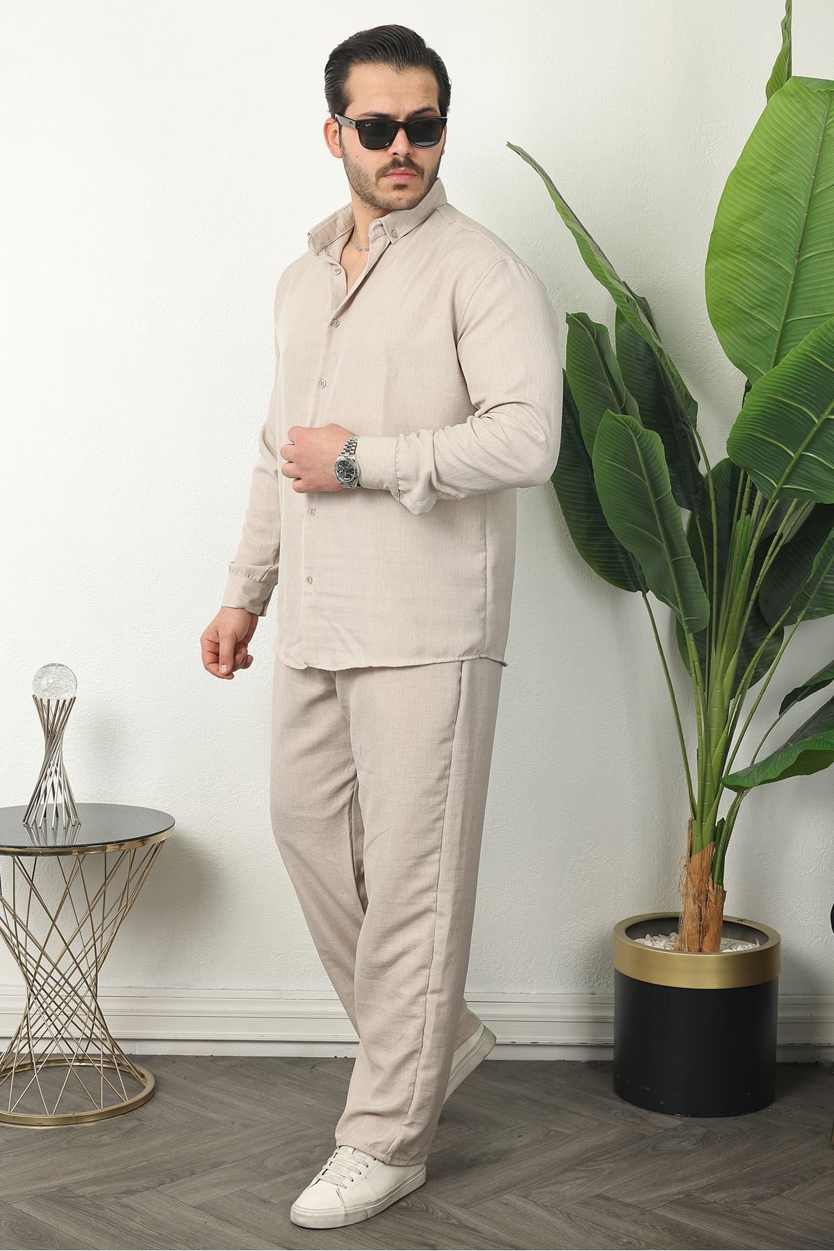 Erkek Trend Keten Gömlek Baggy Eşofman Krem İkili Takım