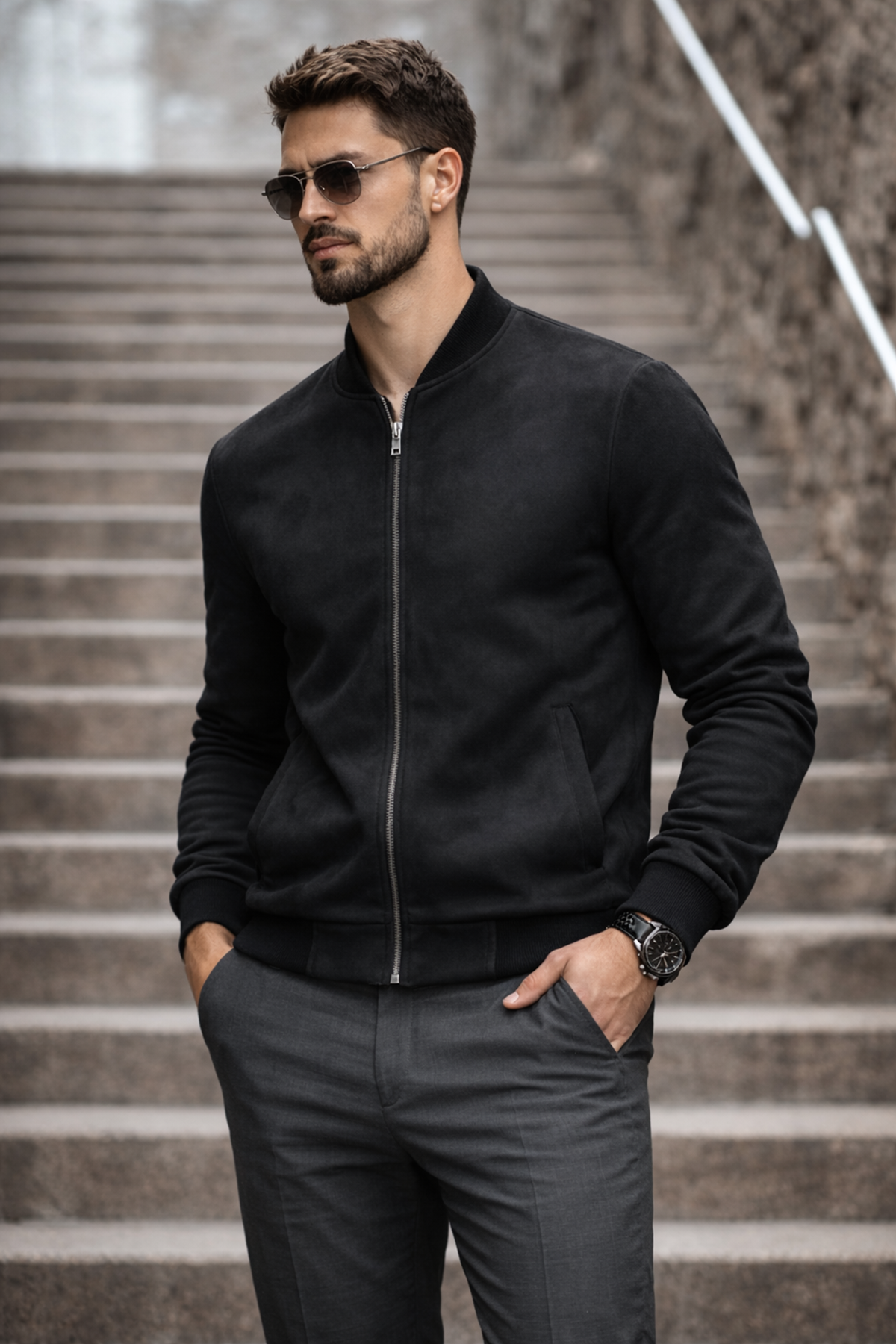 Erkek Basic Dar Kalıp Siyah Nubuk Ceket