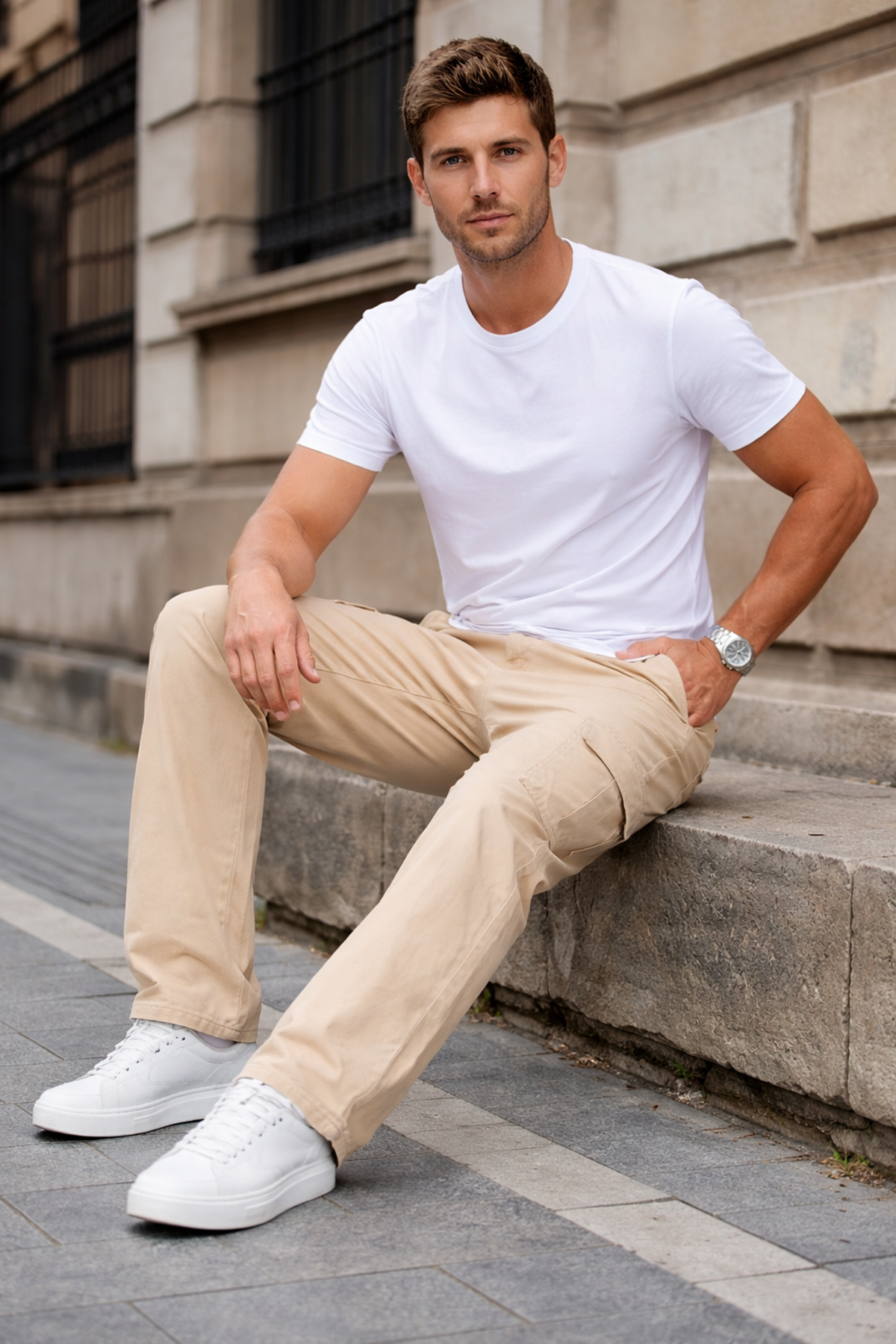 Erkek Kargo Cepli Pamuklu Taş Baggy Pantolon