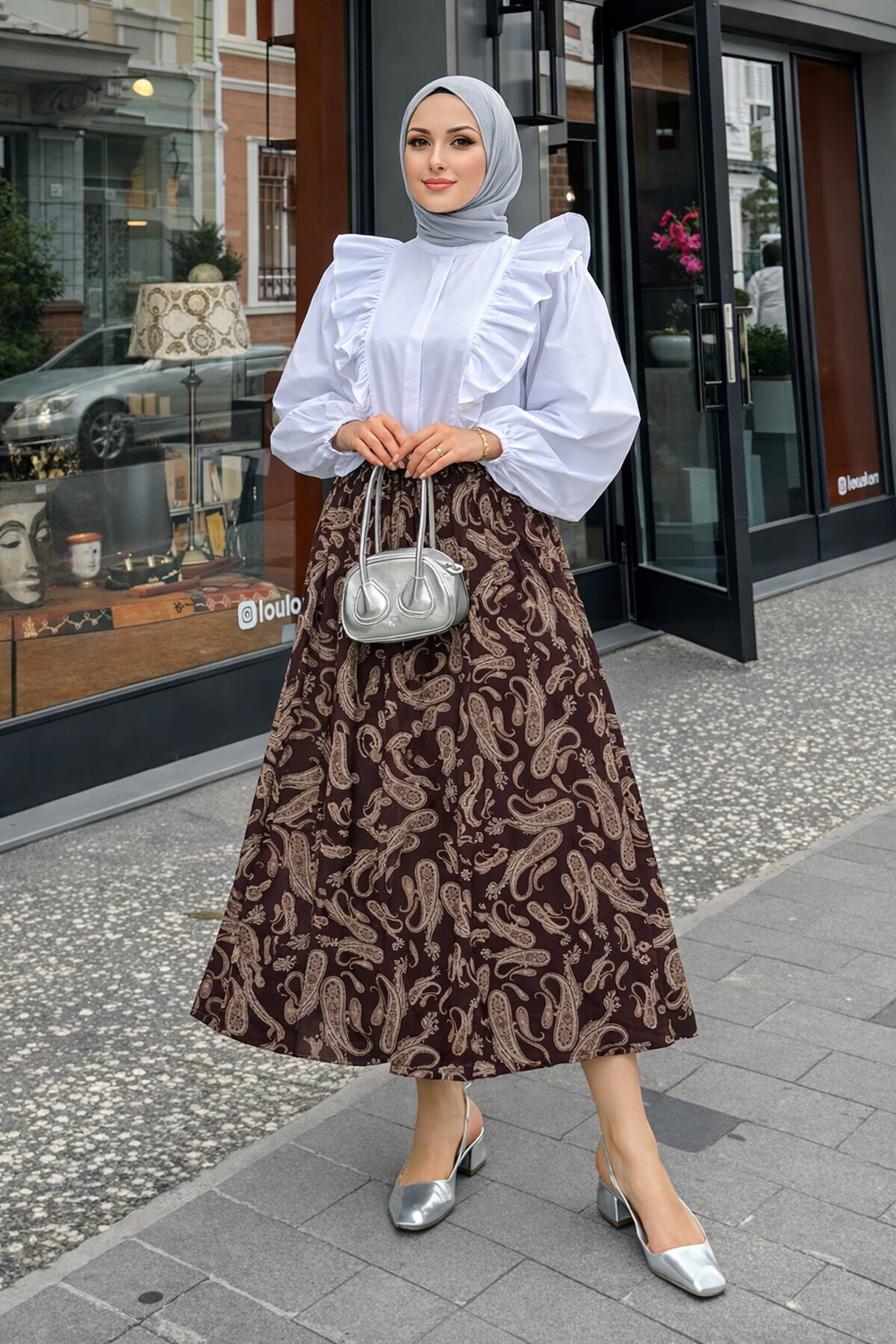 Kadın Desenli Trend Kahve Uzun Tül Tesettür Etek