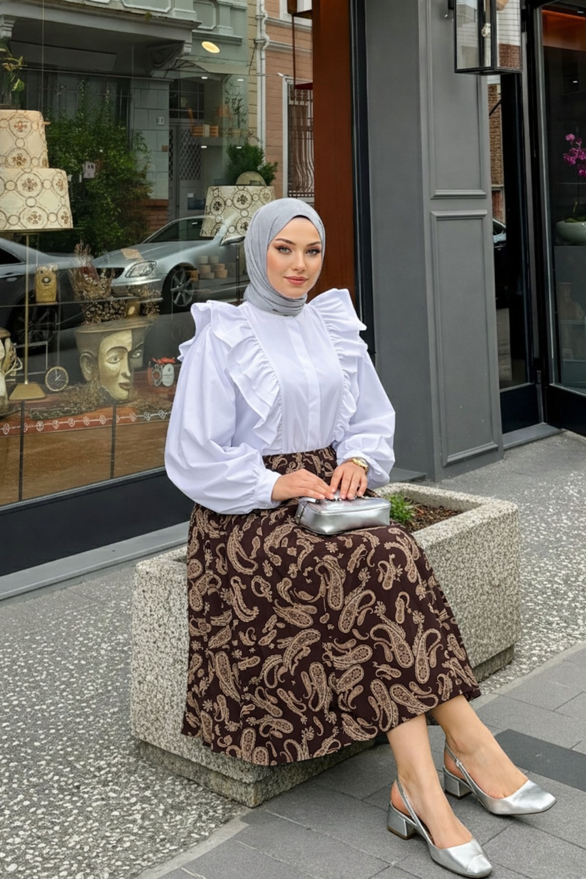 Kadın Desenli Trend Kahve Uzun Tül Tesettür Etek