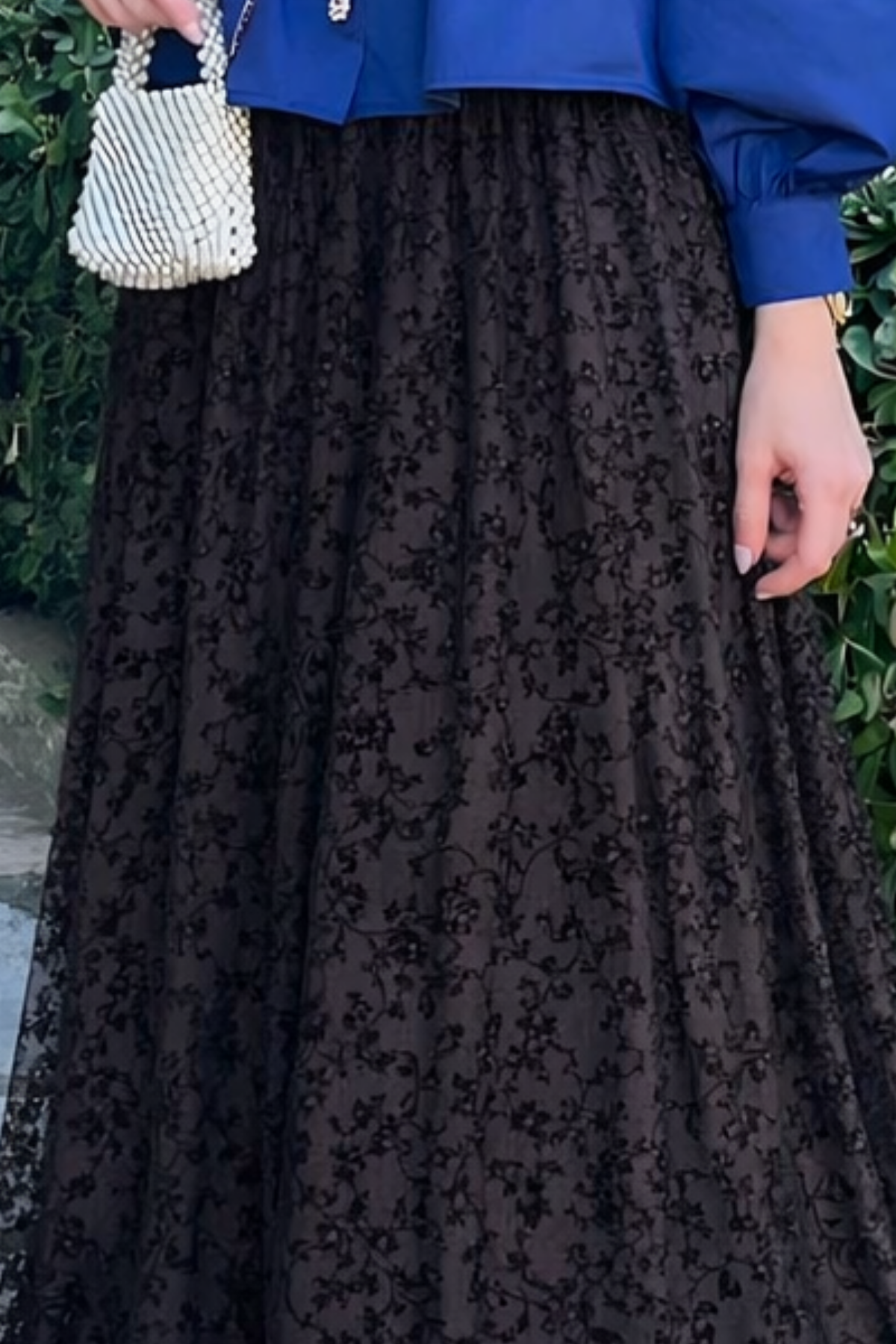 Kadın Premium Comfort Desenli Kahve Uzun Tül Tesettür Etek