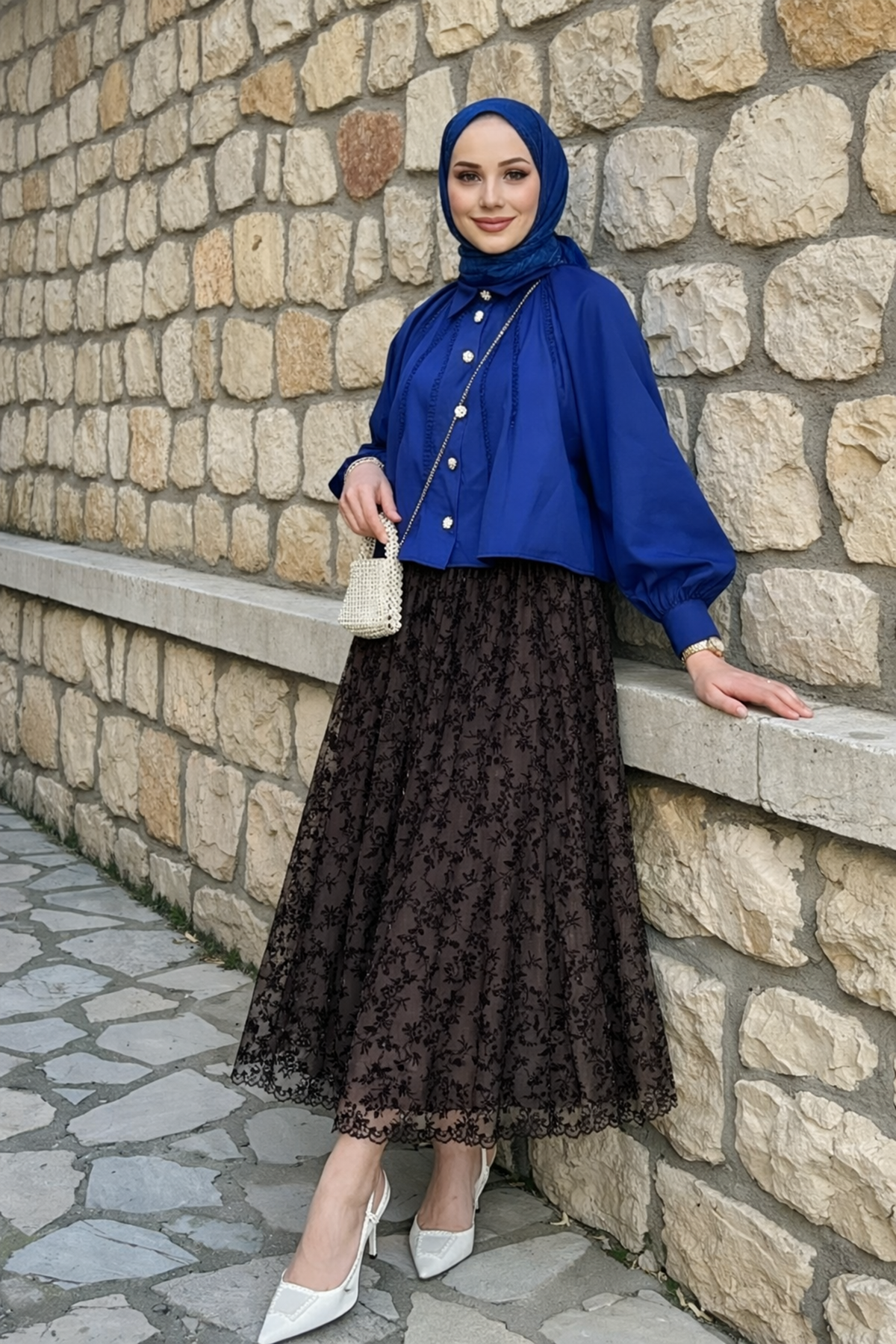 Kadın Premium Comfort Desenli Kahve Uzun Tül Tesettür Etek