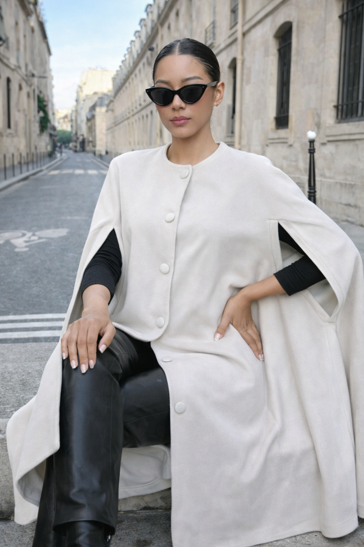 Kadın Günlük Kolsuz Bol Beyaz Kaşe Panço