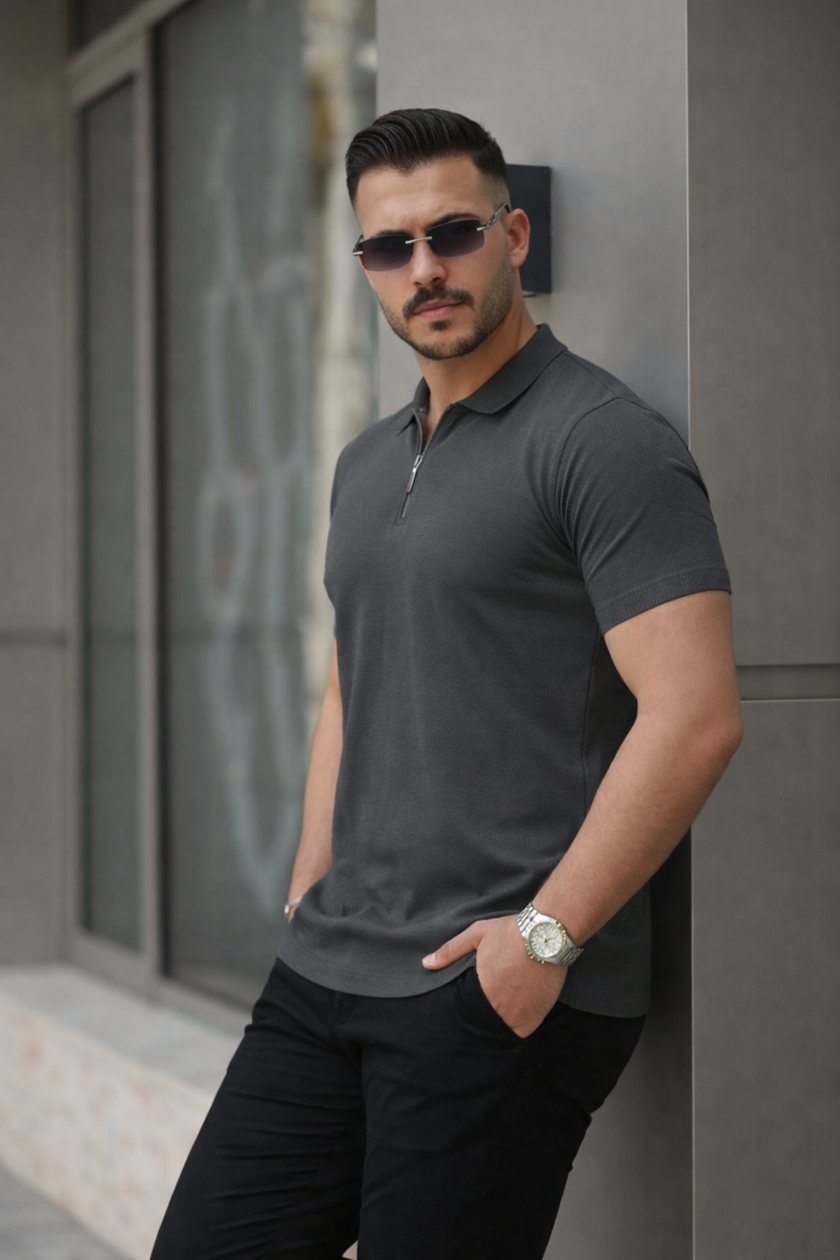 Erkek Fermuarlı Polo Yaka Slim Fit Triko T-Shirt