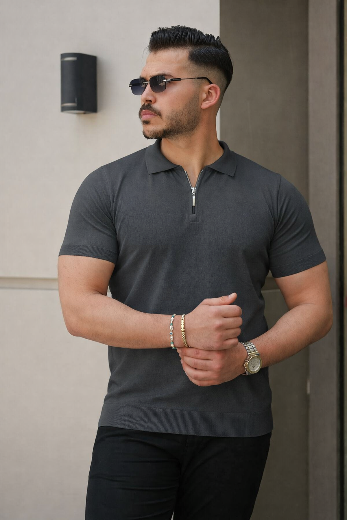 Erkek Fermuarlı Polo Yaka Slim Fit Triko T-Shirt
