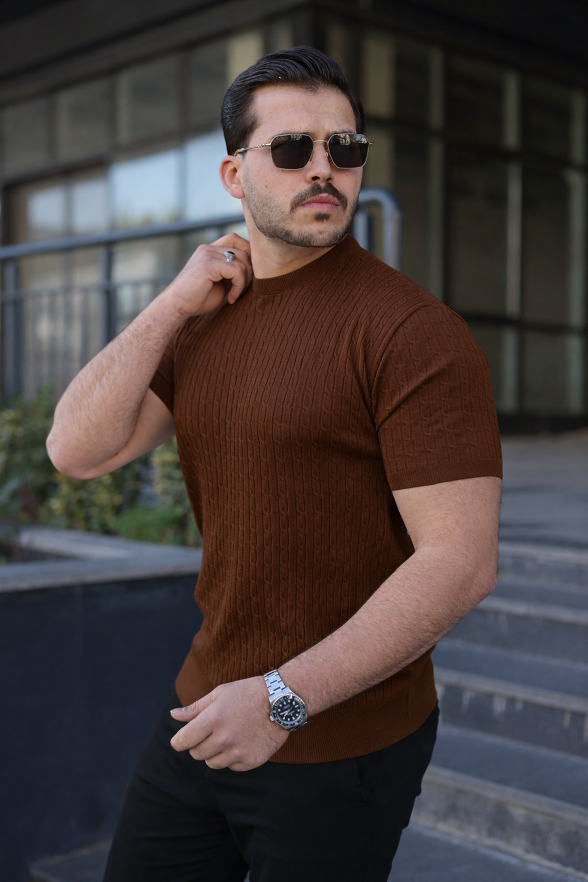 Erkek Premium Çizgili Yazlık Kahve Dar Triko Tişört