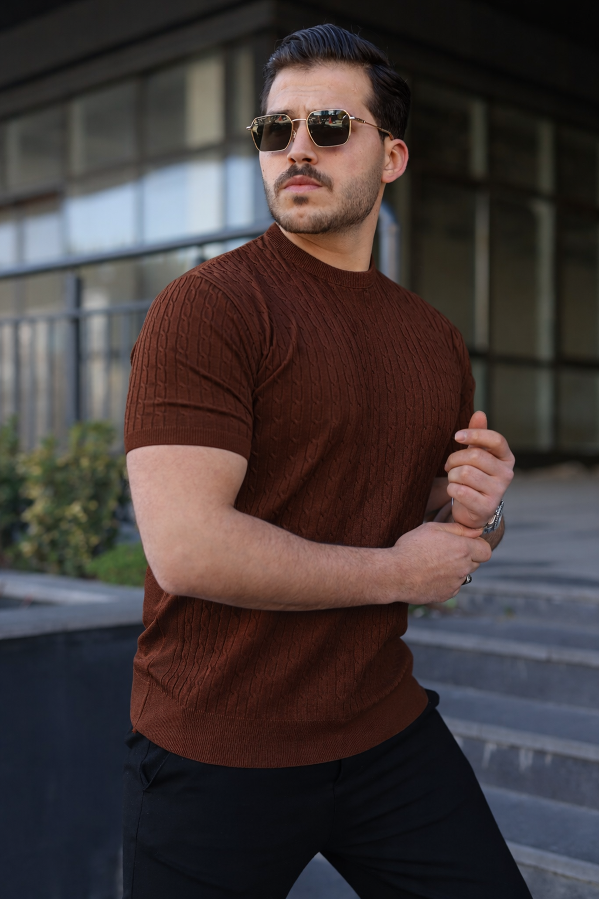 Erkek Premium Çizgili Yazlık Kahve Dar Triko Tişört