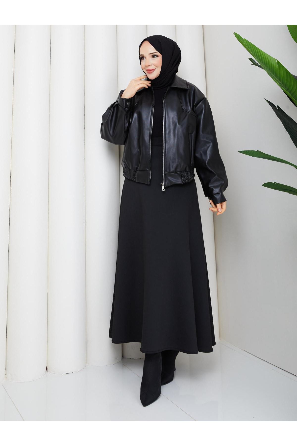 Kadın Trend Premium Mevsimlik Bomber Siyah Deri Ceket