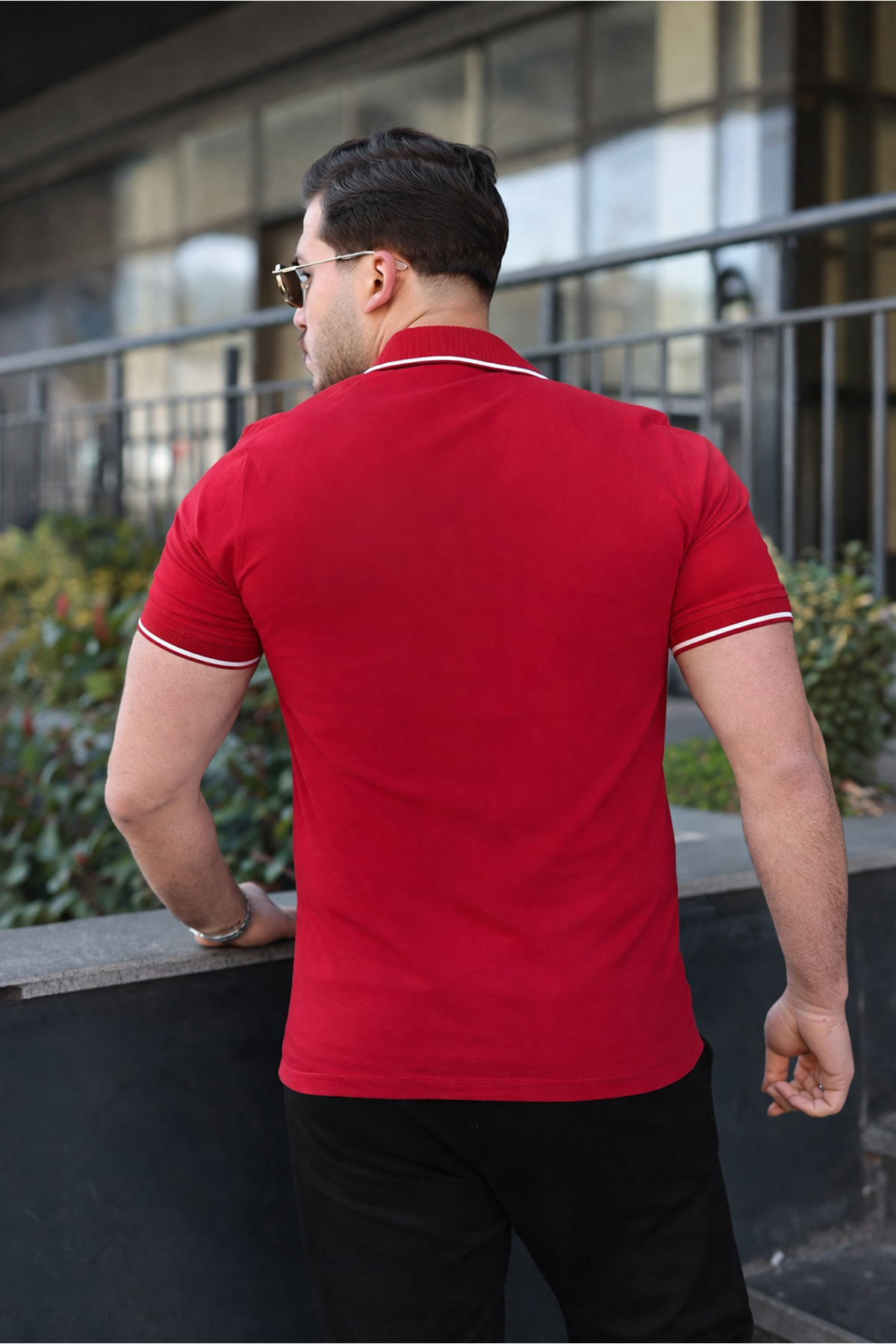 Erkek Günlük Çizgili Pamuklu Kırmızı Polo Yaka Tişört