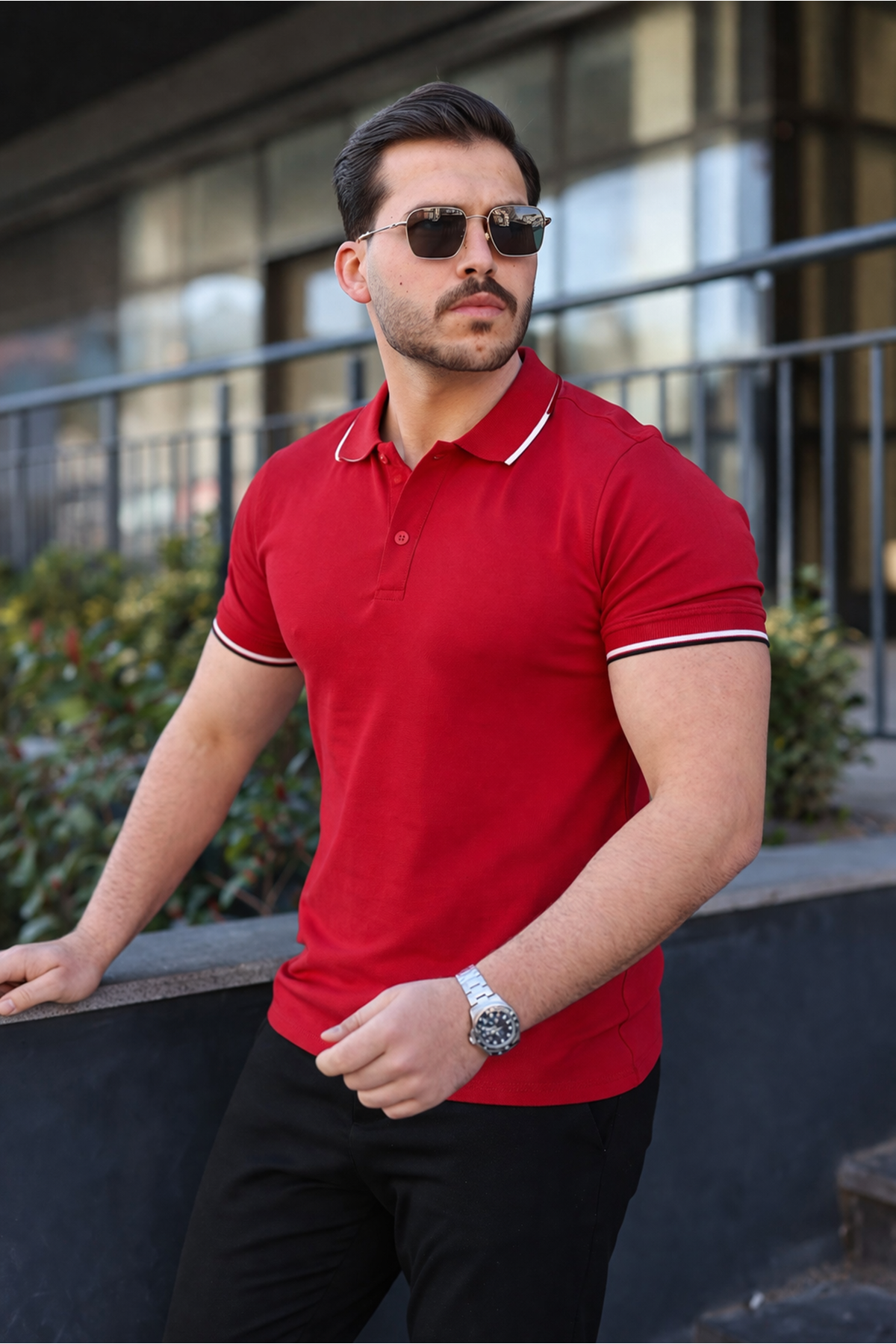 Erkek Günlük Çizgili Pamuklu Kırmızı Polo Yaka Tişört