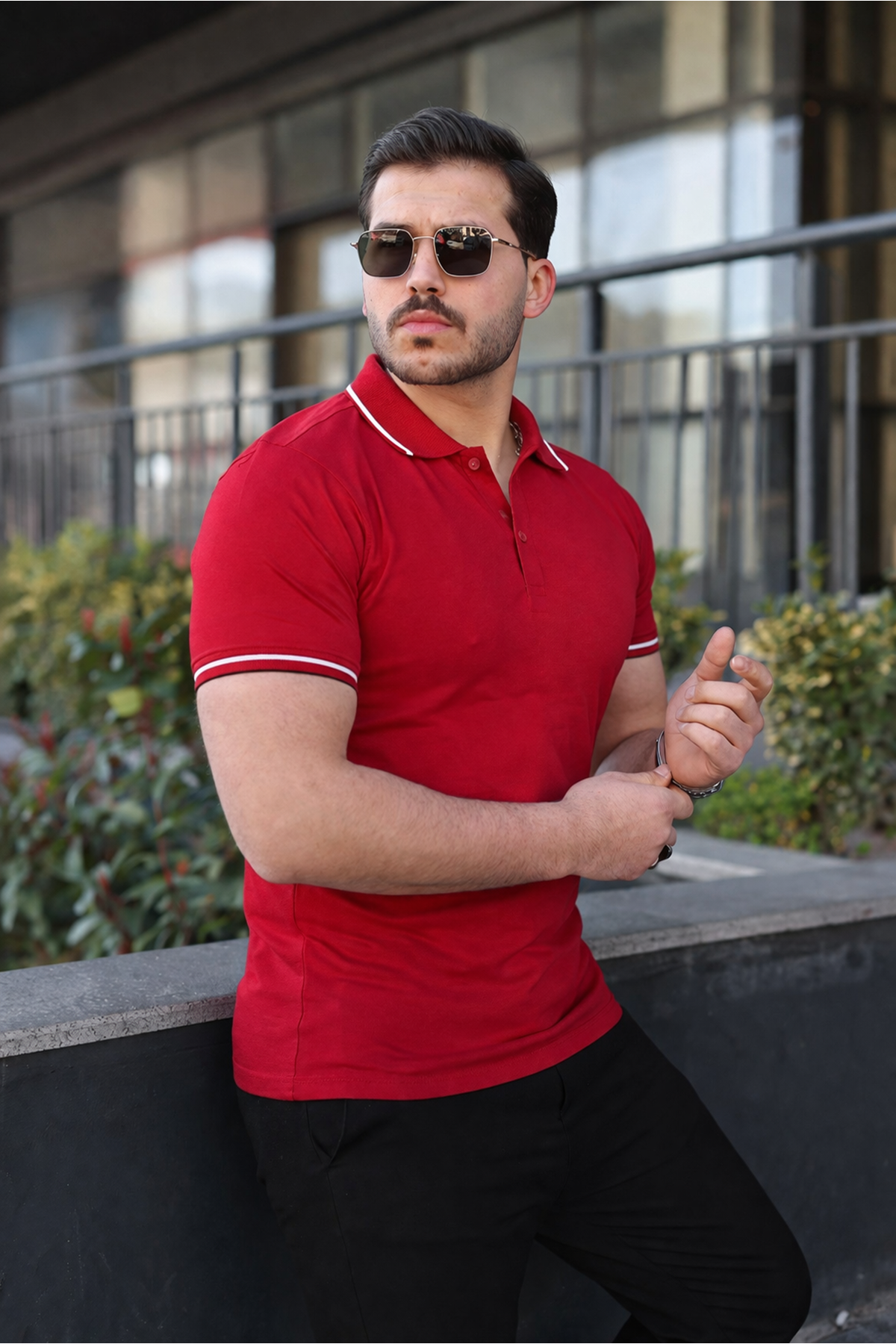 Erkek Günlük Çizgili Pamuklu Kırmızı Polo Yaka Tişört