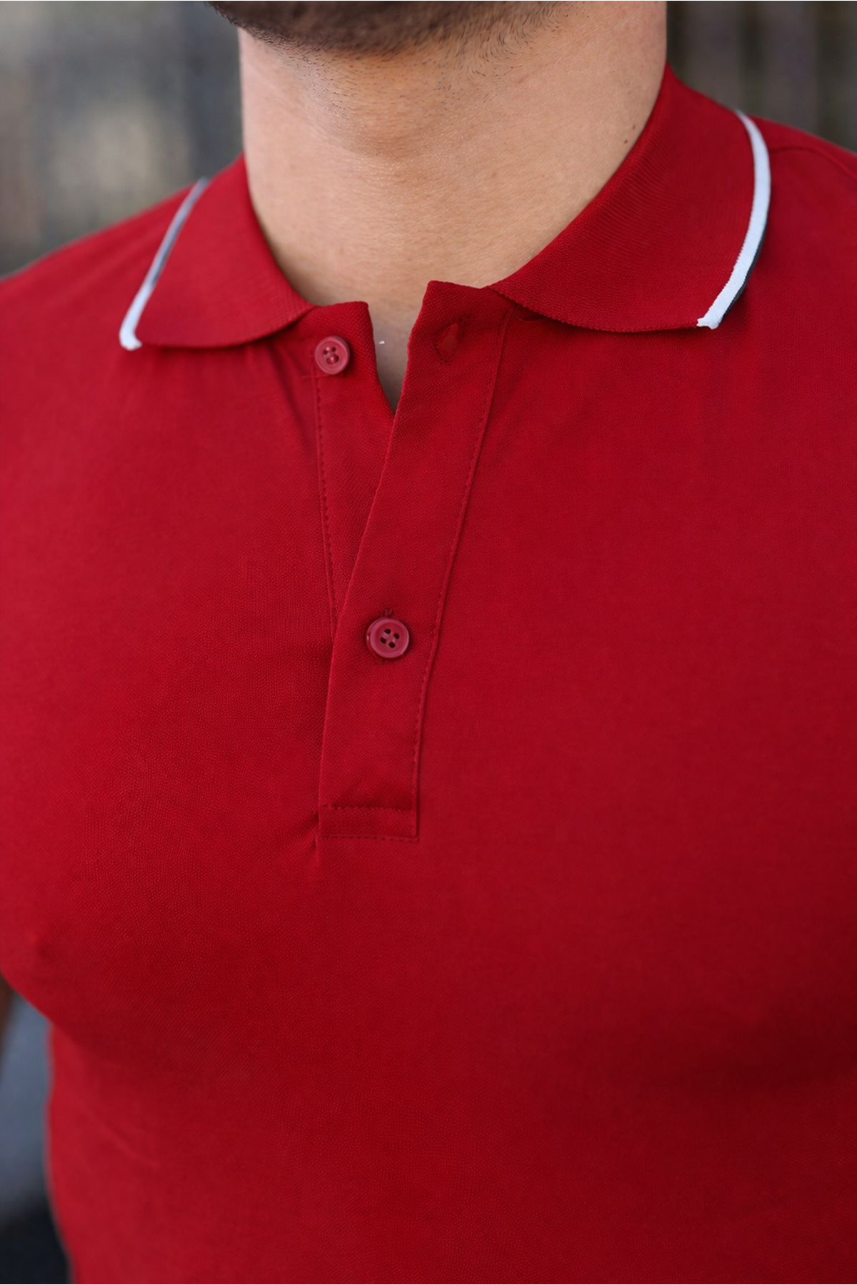 Erkek Günlük Çizgili Pamuklu Kırmızı Polo Yaka Tişört