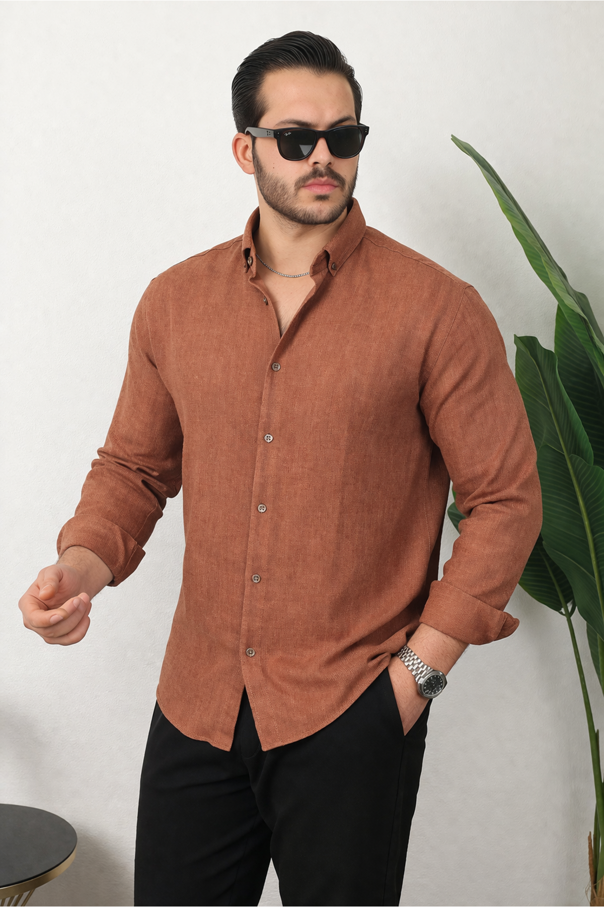 Erkek Trend Dokulu Kısa Kol Basic Kiremit Keten Gömlek