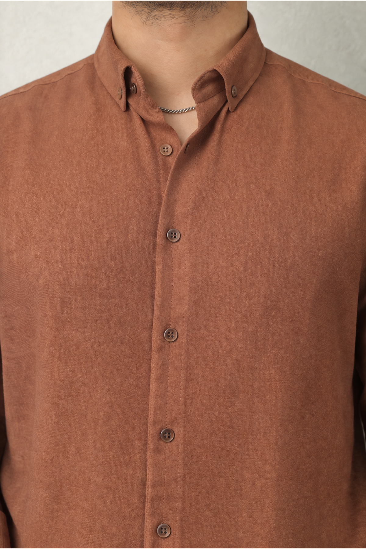 Erkek Trend Dokulu Kısa Kol Basic Kiremit Keten Gömlek