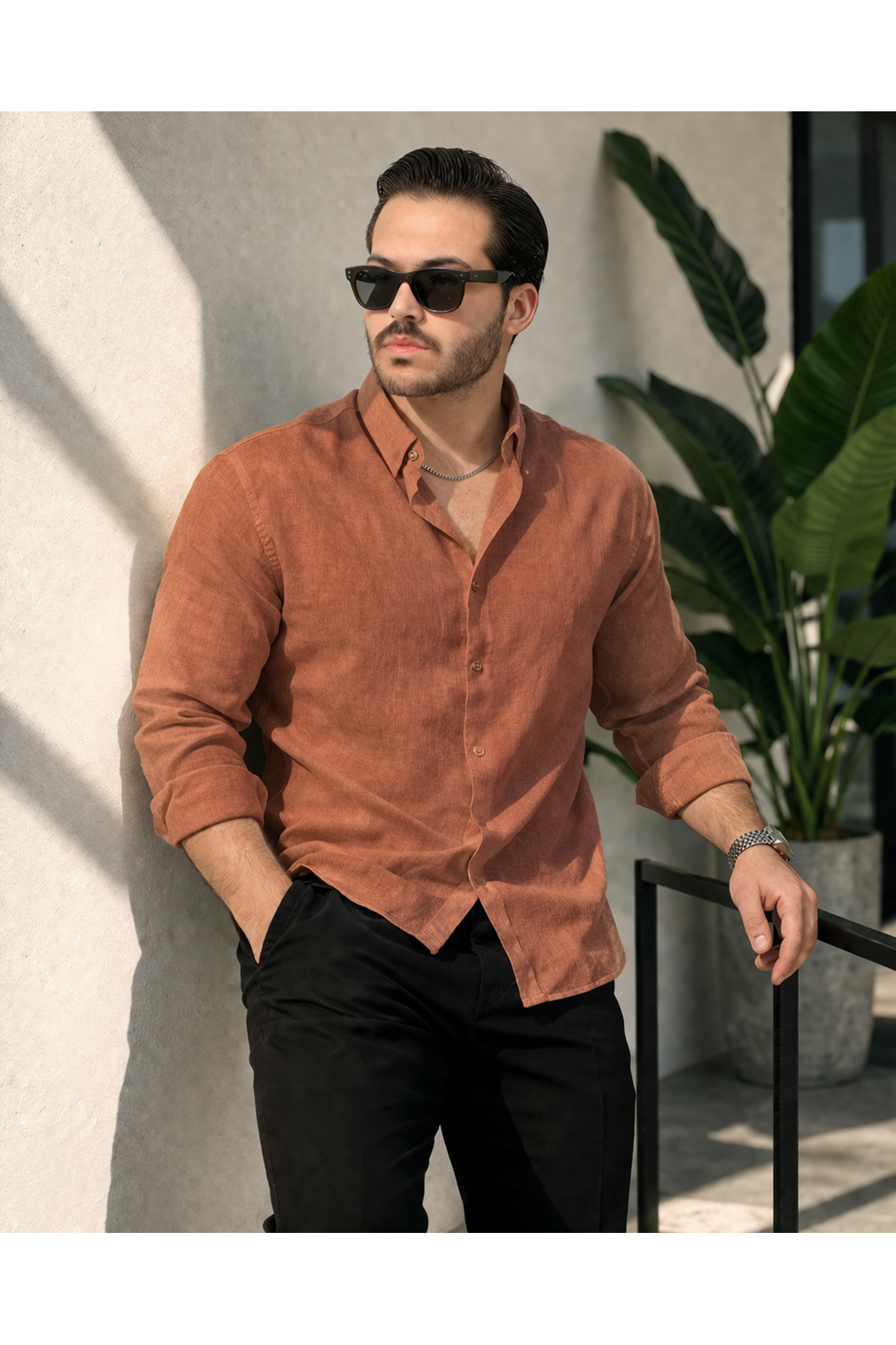 Erkek Trend Dokulu Kısa Kol Basic Kiremit Keten Gömlek