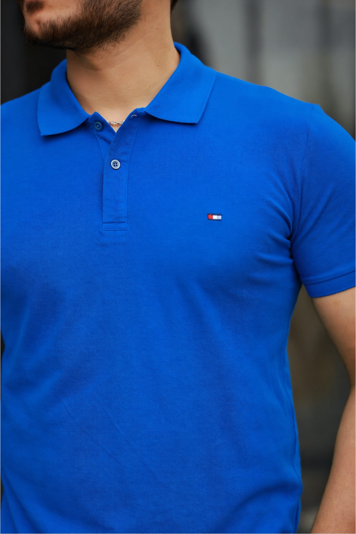 Erkek Kıvrılmaz Polo Yaka Cepsiz Slim Fit Dar Kesim T-Shirt