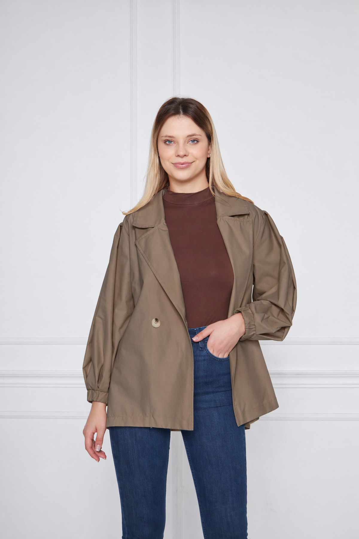 Kadın A KALİTE Astarlı Su İtici Basic Kısa Trençkot