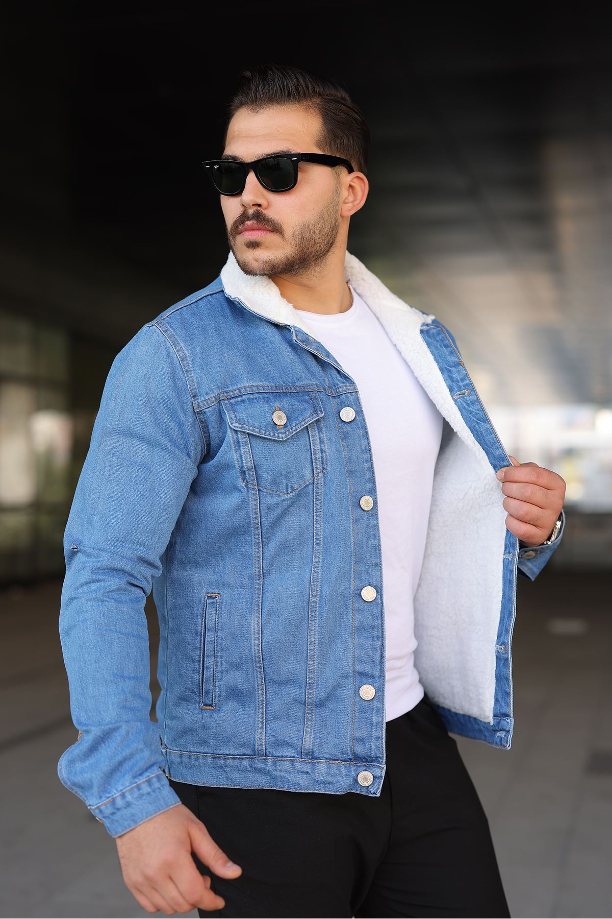 Erkek Trend Kışlık Içi Kürklü Kot Ceket Buz Mavi