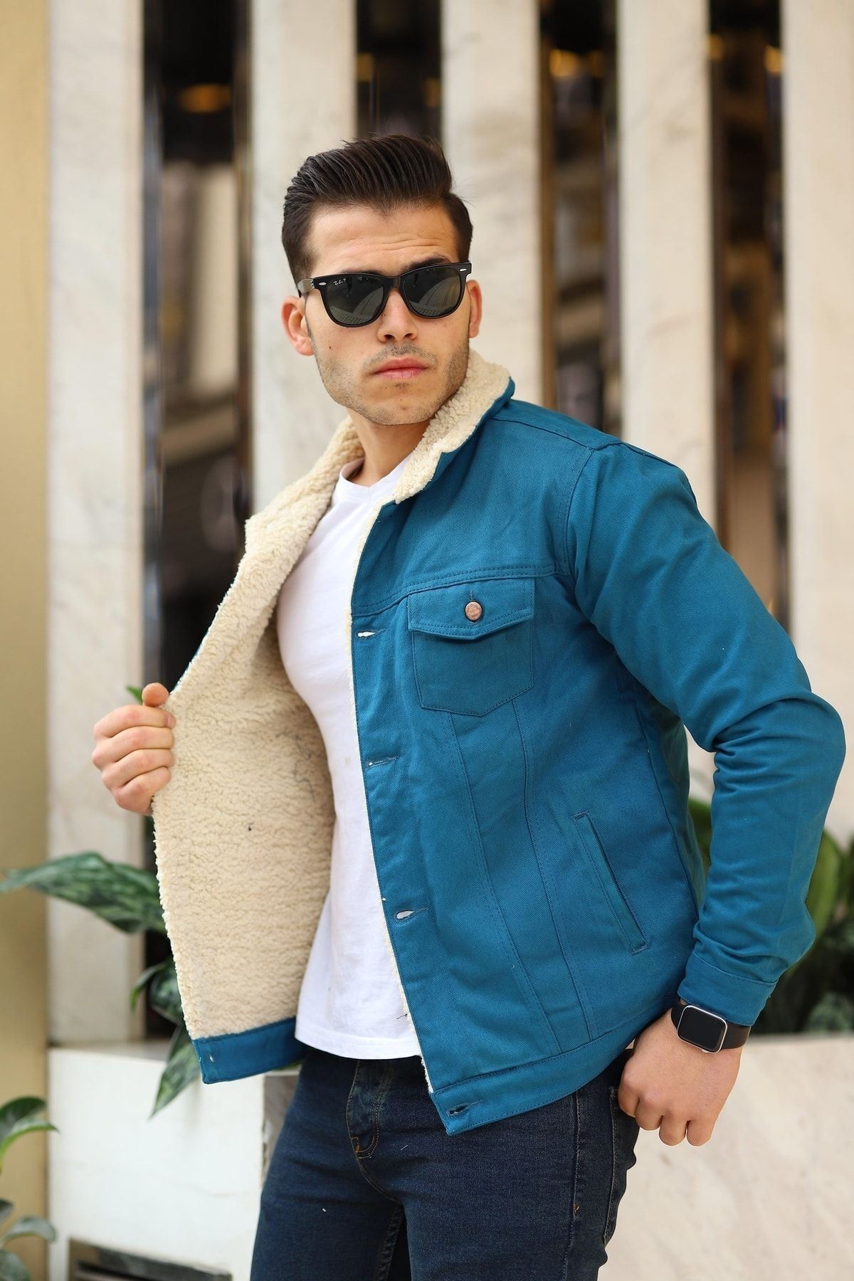 Erkek Trend Kışlık Içi Kürklü Kot Ceket Bej Açık Mavi