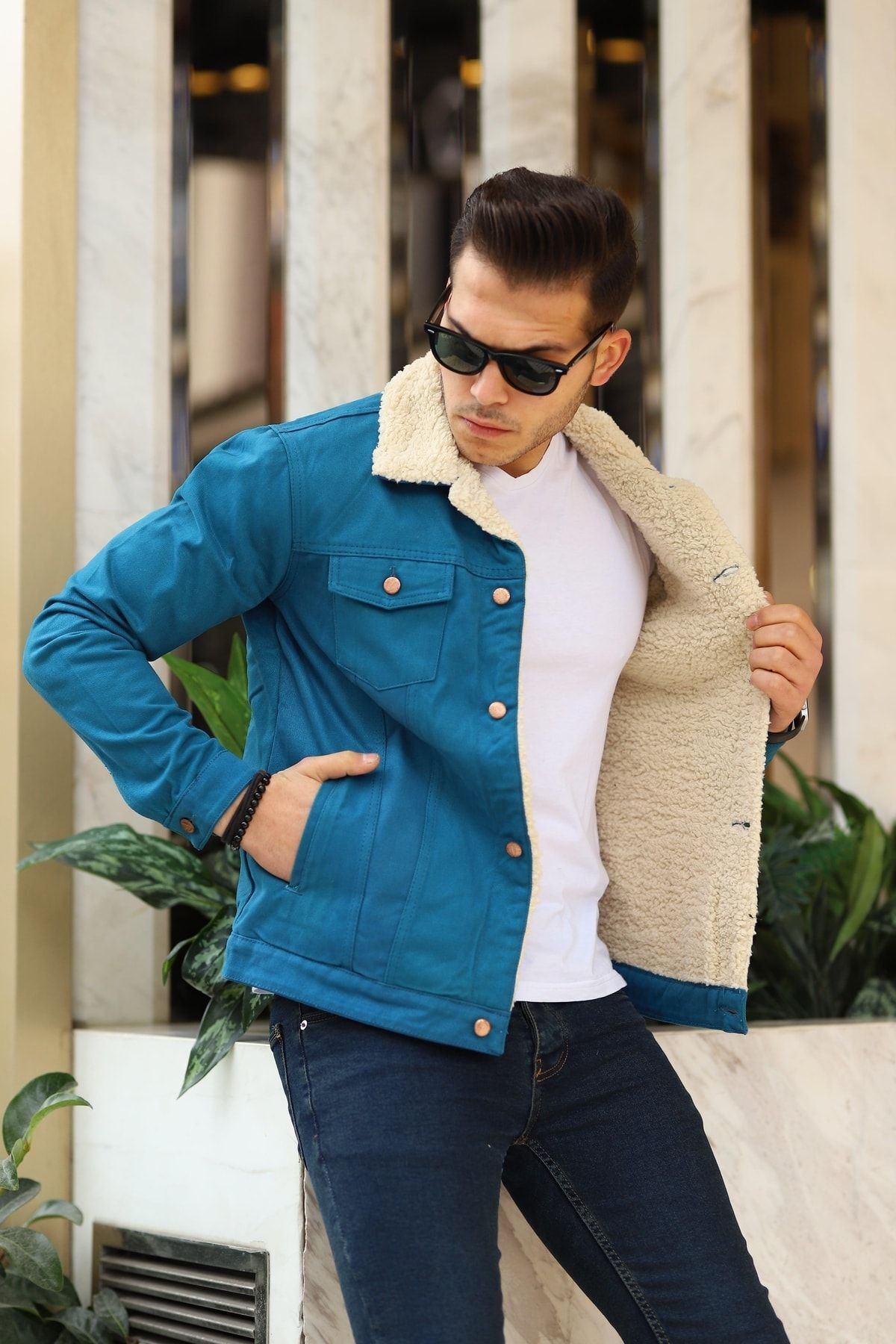Erkek Trend Kışlık Içi Kürklü Kot Ceket Bej Açık Mavi