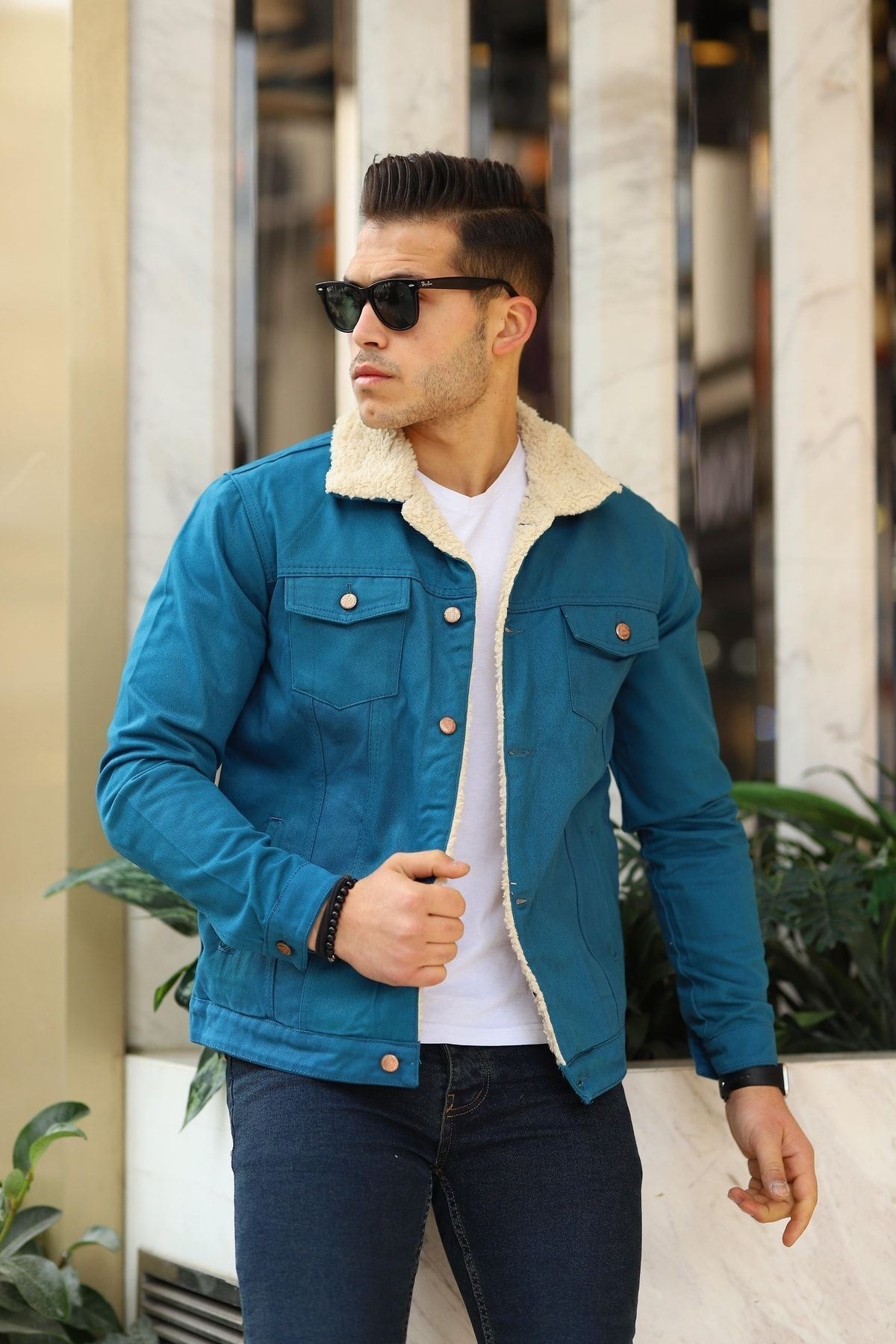 Erkek Trend Kışlık Içi Kürklü Kot Ceket Bej Açık Mavi