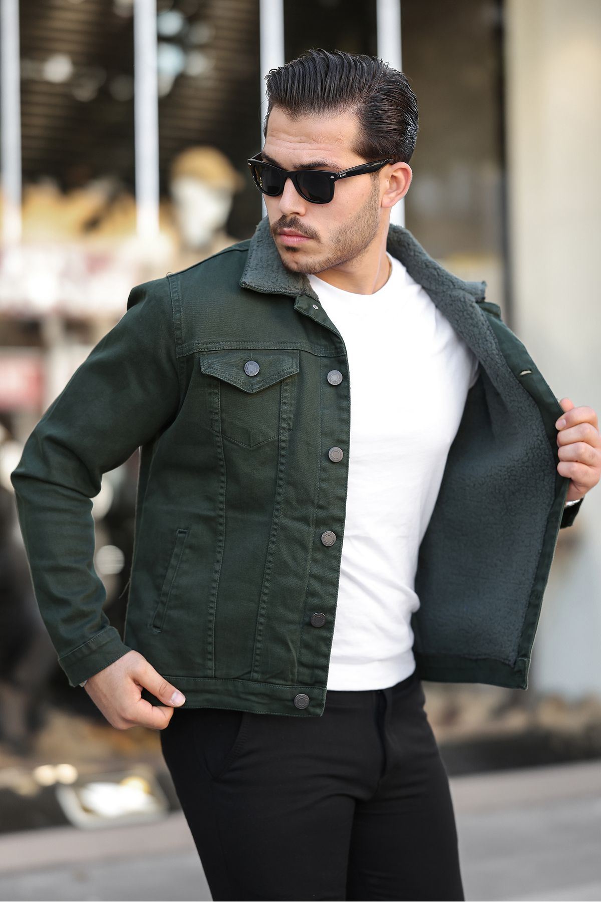 Erkek Trend Kışlık Içi Kürklü Kot Ceket Haki