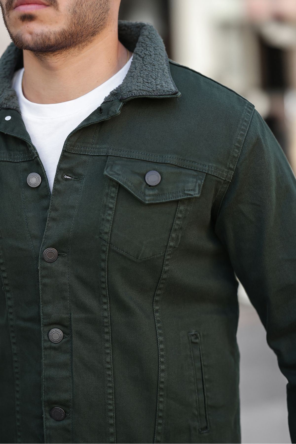 Erkek Trend Kışlık Içi Kürklü Kot Ceket Haki