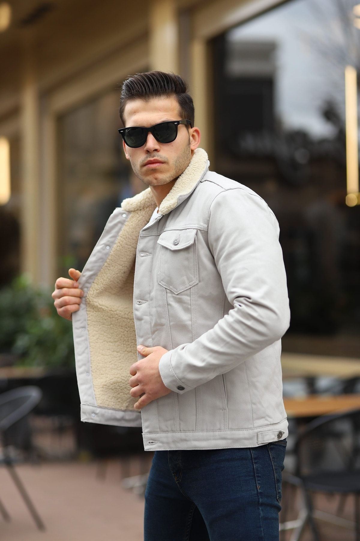 Erkek Trend Kışlık Içi Kürklü Kot Ceket Bej Taş