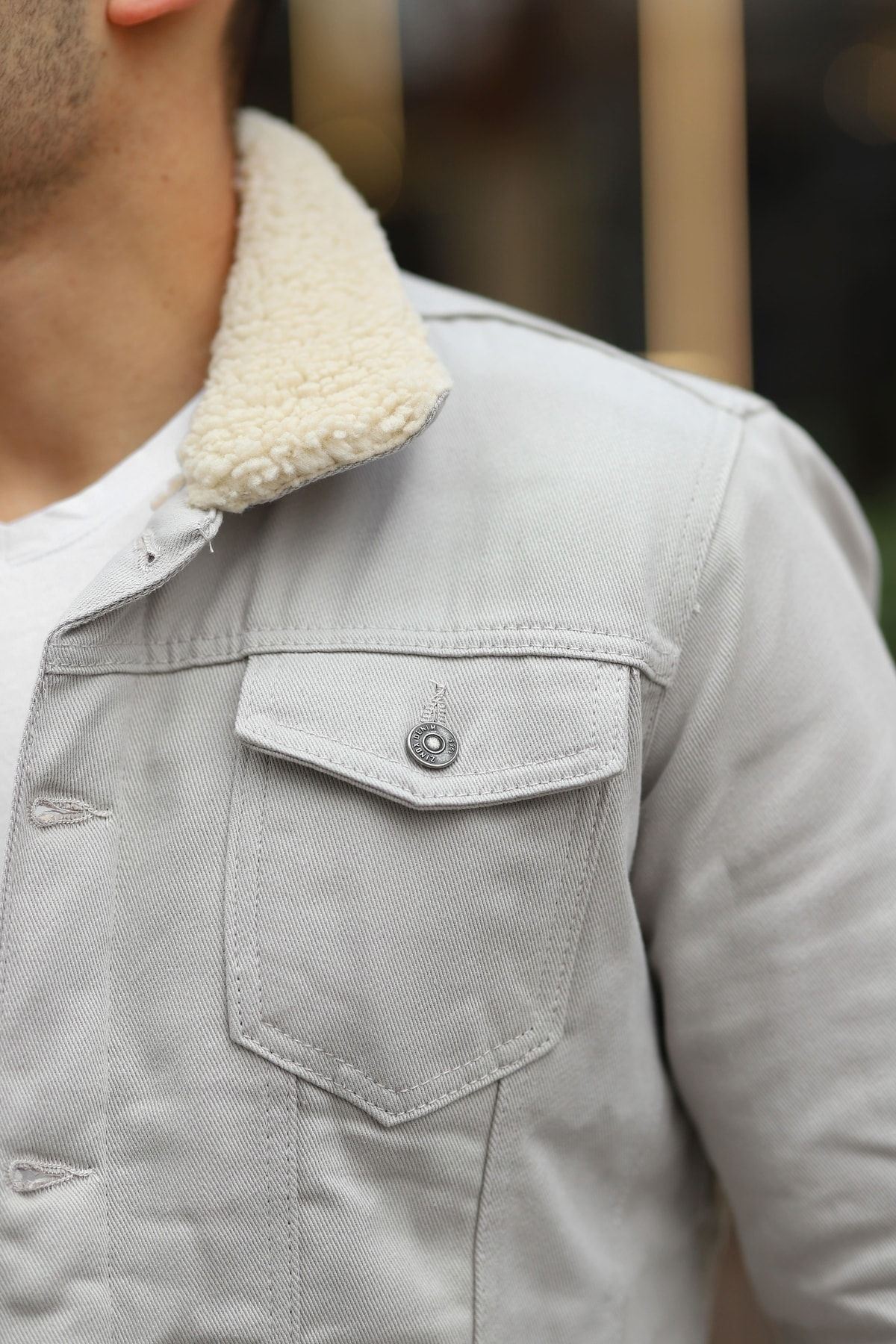 Erkek Trend Kışlık Içi Kürklü Kot Ceket Bej Taş