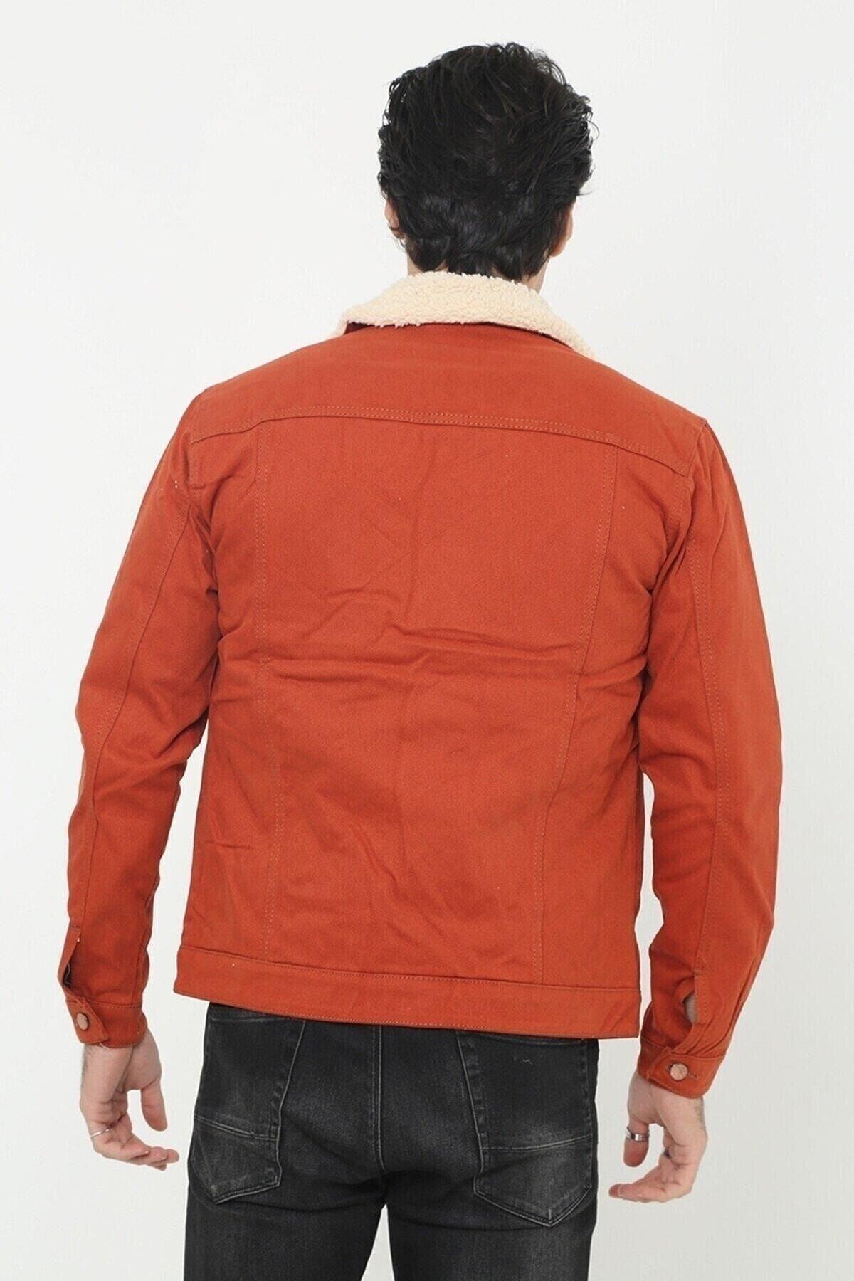 Erkek Trend Kışlık Içi Kürklü Kot Ceket Kiremit