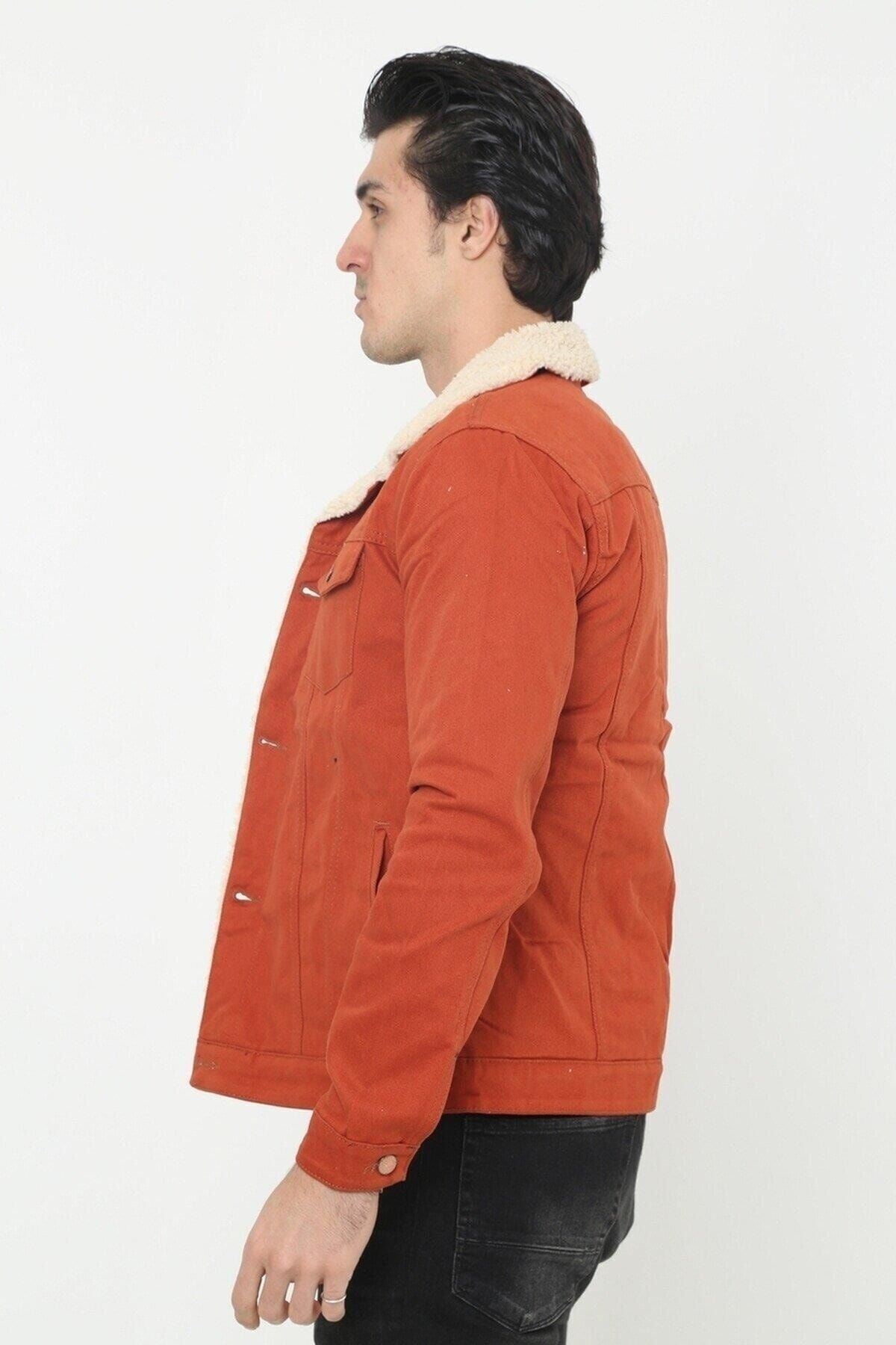 Erkek Trend Kışlık Içi Kürklü Kot Ceket Kiremit