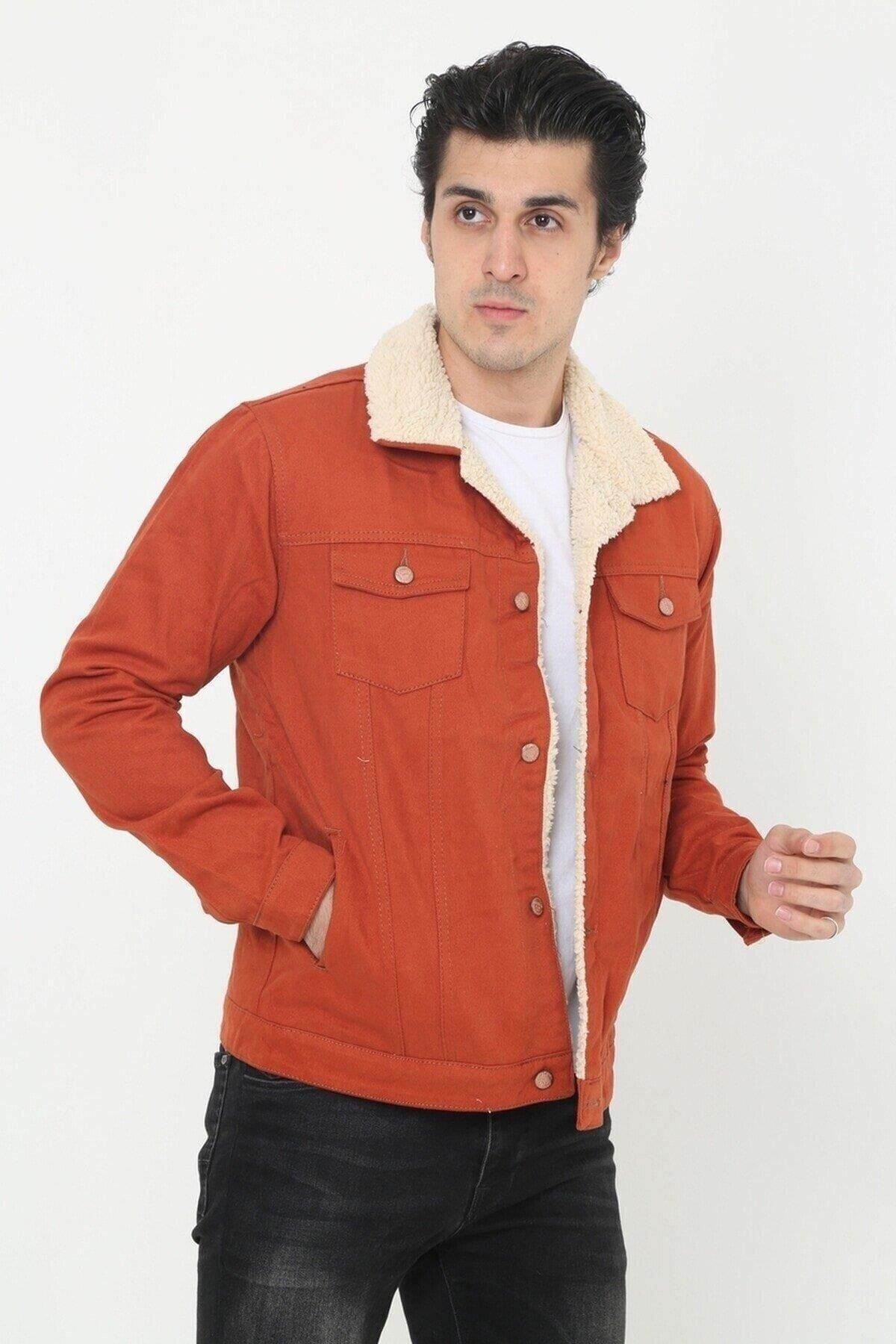 Erkek Trend Kışlık Içi Kürklü Kot Ceket Kiremit