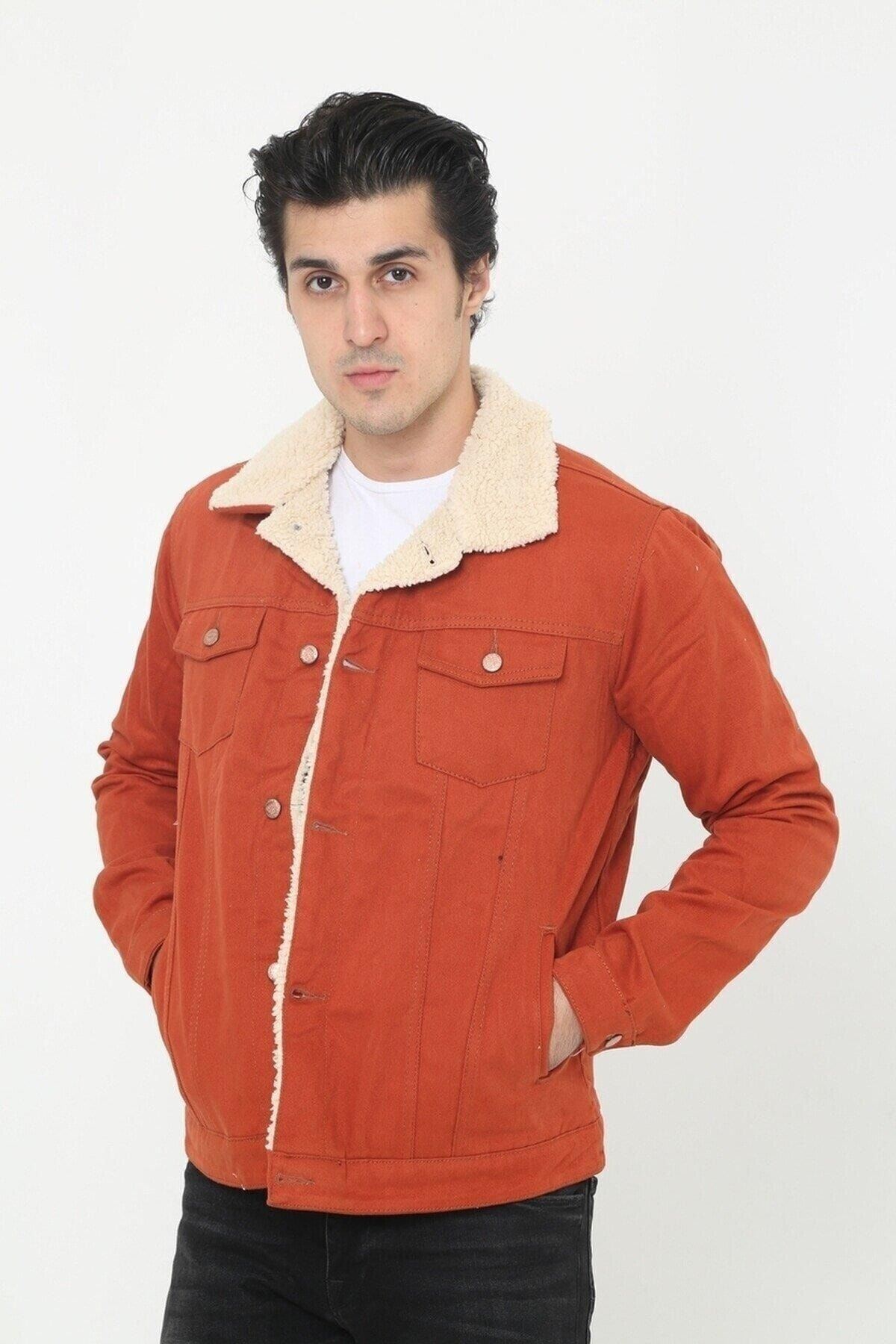 Erkek Trend Kışlık Içi Kürklü Kot Ceket Kiremit