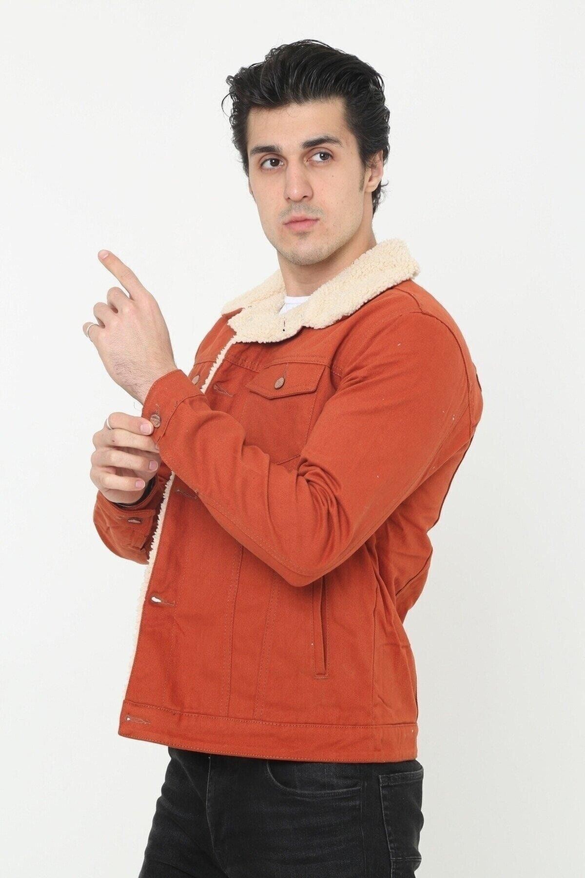 Erkek Trend Kışlık Içi Kürklü Kot Ceket Kiremit