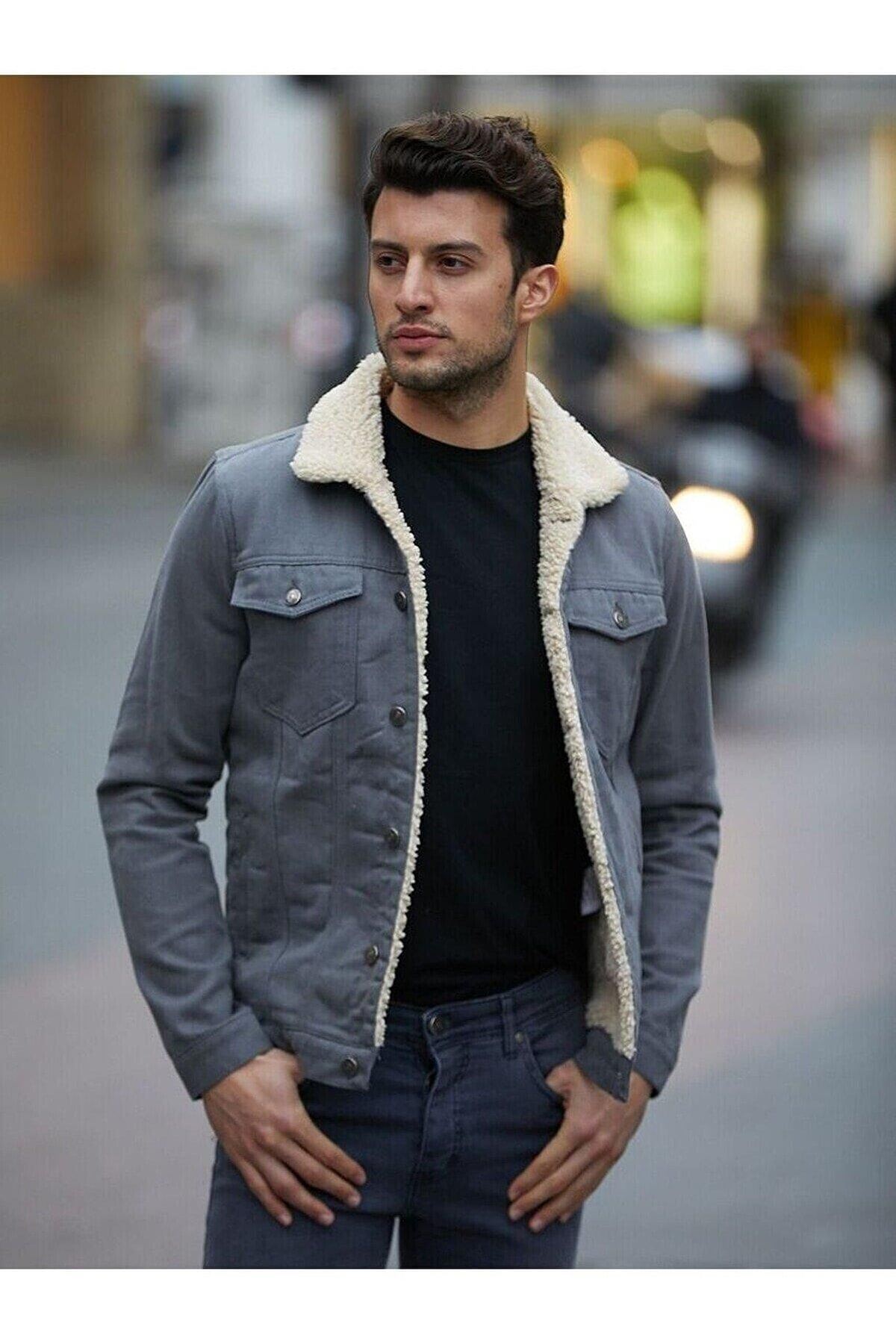 Erkek Trend Kışlık Içi Kürklü Kot Ceket Gri