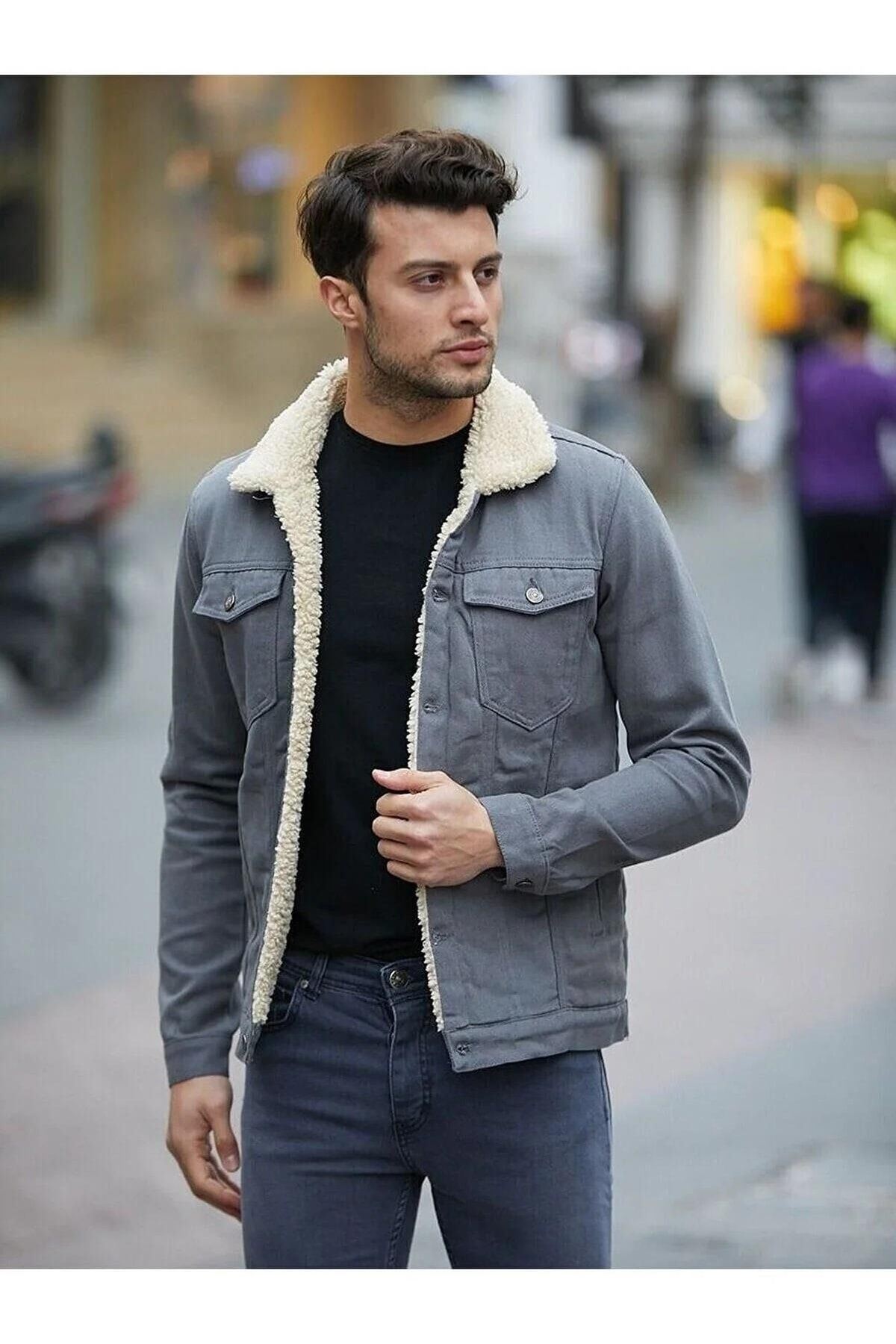 Erkek Trend Kışlık Içi Kürklü Kot Ceket Gri