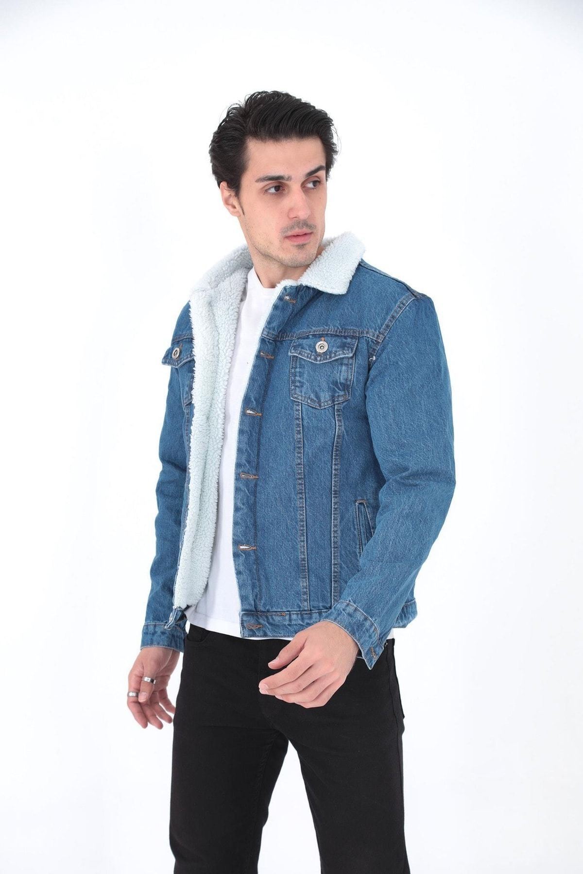 Erkek Trend Kışlık Içi Kürklü Kot Ceket Lacivert