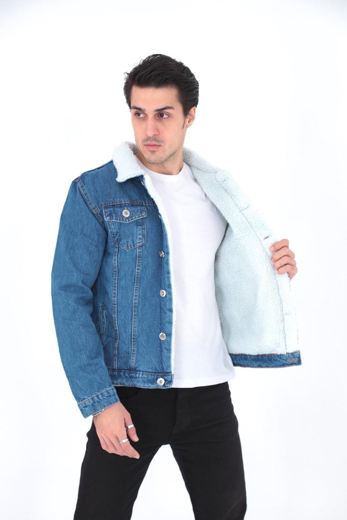 Erkek Trend Kışlık Içi Kürklü Kot Ceket Lacivert