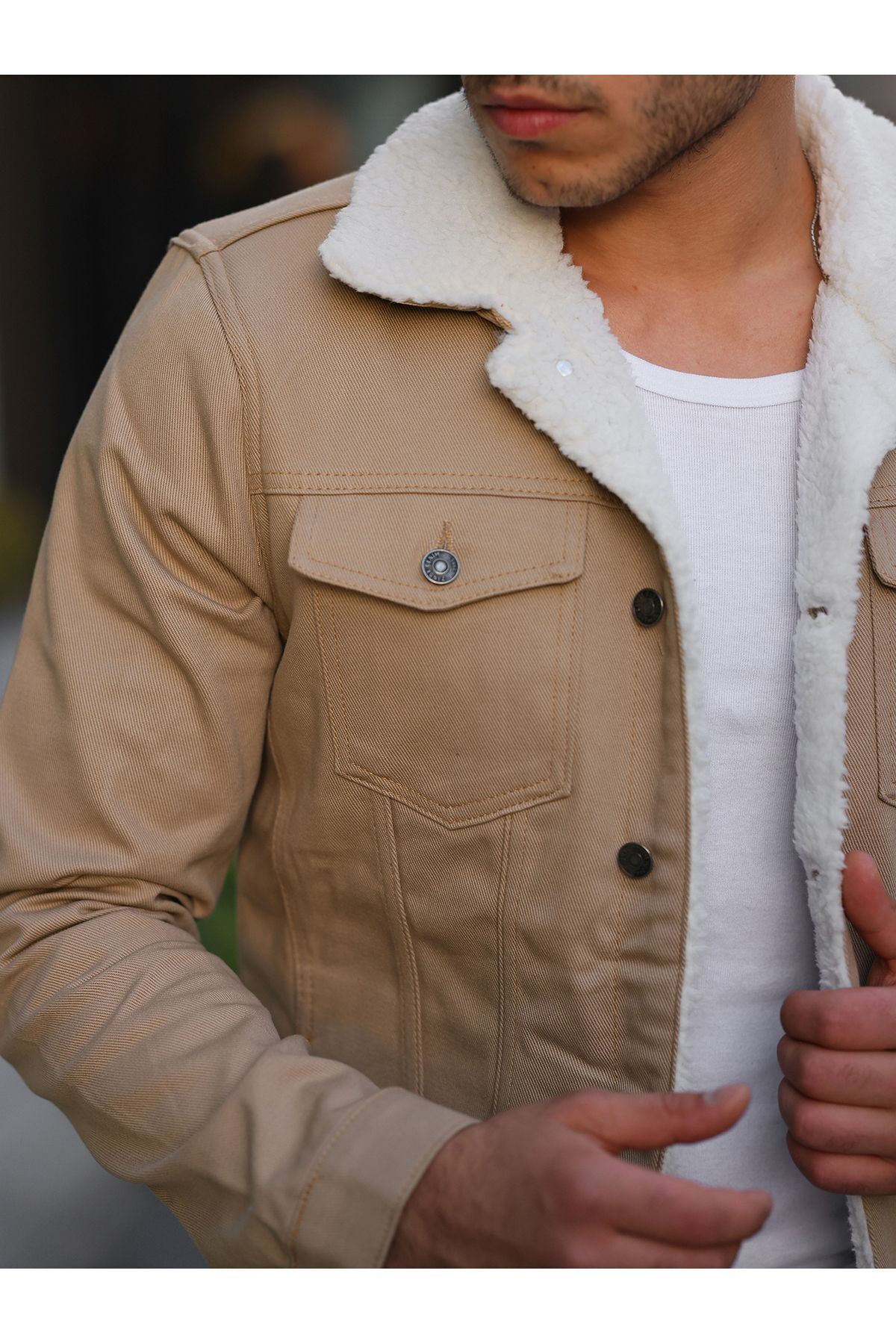 Erkek Trend Kışlık Içi Kürklü Kot Ceket Taş