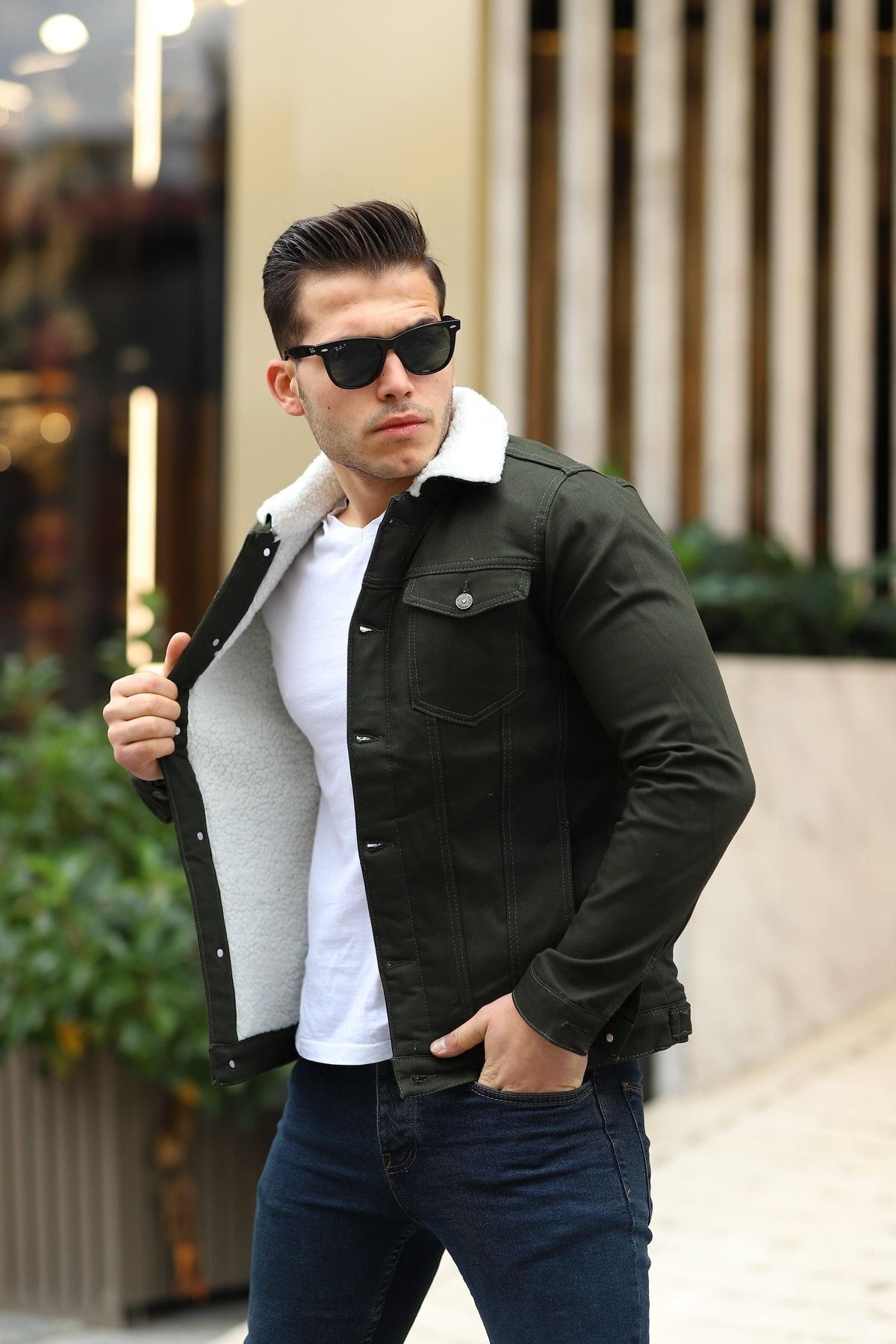 Erkek Trend Kışlık Içi Kürklü Kot Ceket Beyaz Haki