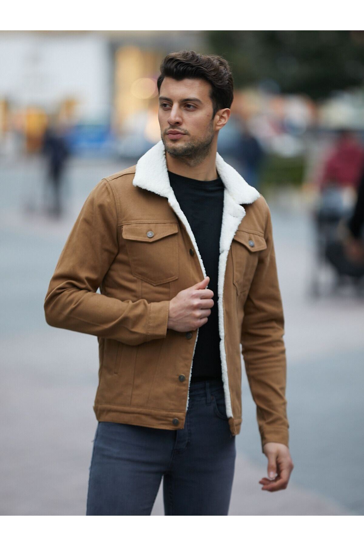 Erkek Trend Kışlık Içi Kürklü Kot Ceket Camel