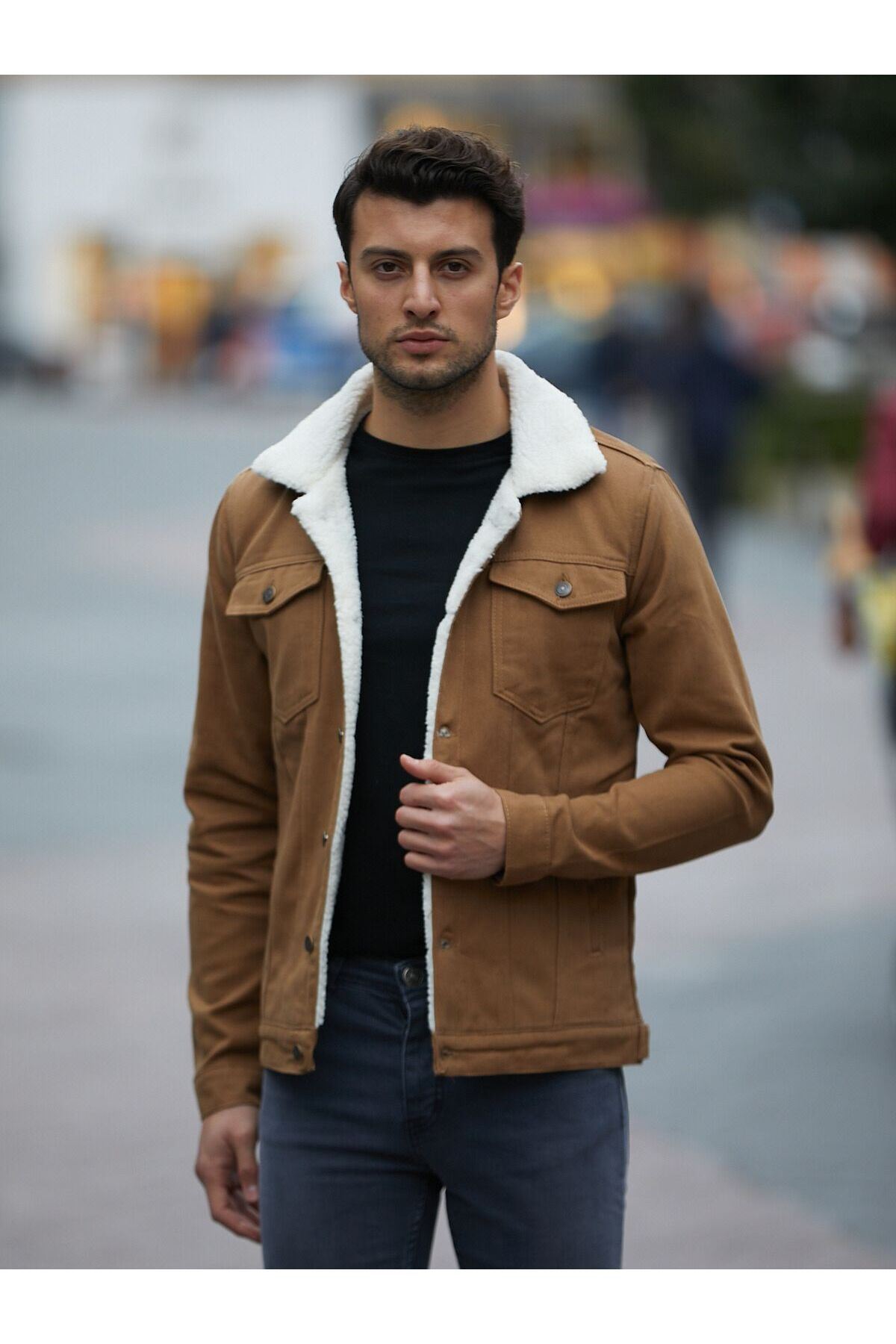 Erkek Trend Kışlık Içi Kürklü Kot Ceket Camel