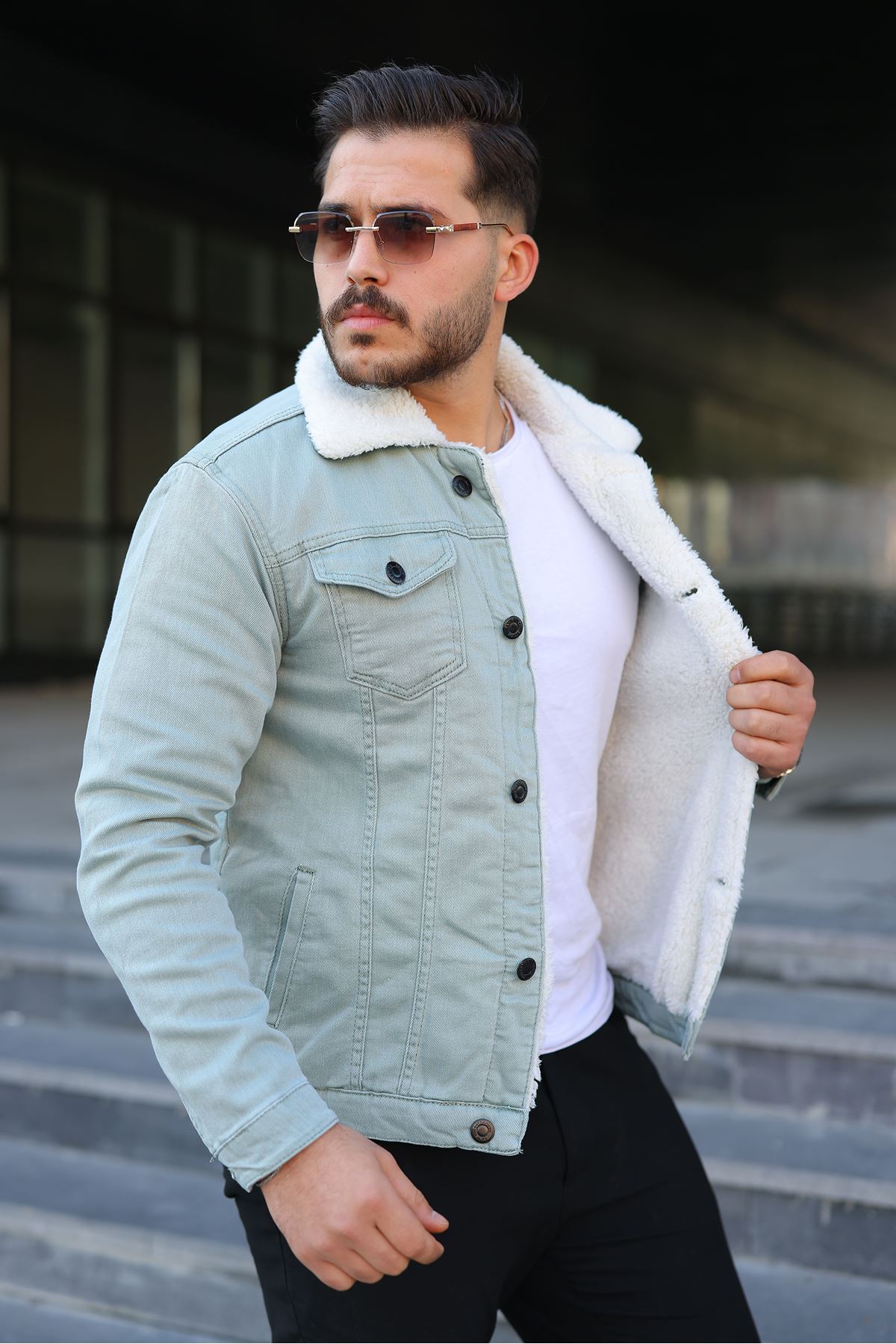 Erkek Trend Kışlık Içi Kürklü S.Yeşil Kot Ceket