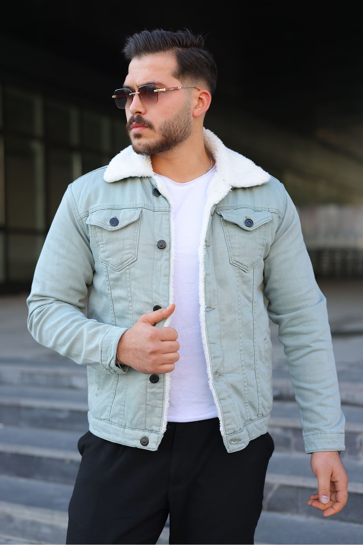 Erkek Trend Kışlık Içi Kürklü S.Yeşil Kot Ceket